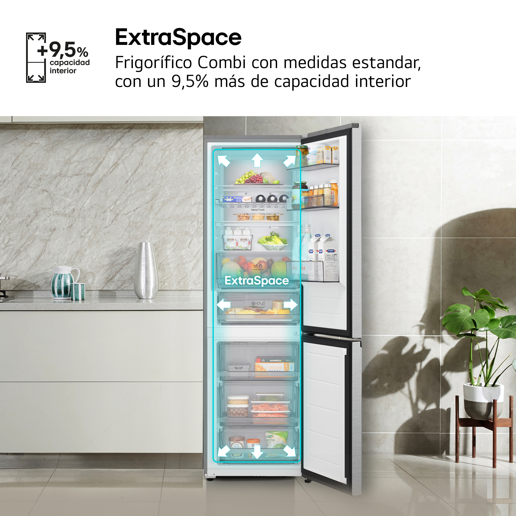 ExtraSpace. Frigorífico Combi con medidas estandar, con un 9,5% más de capacidad interior.