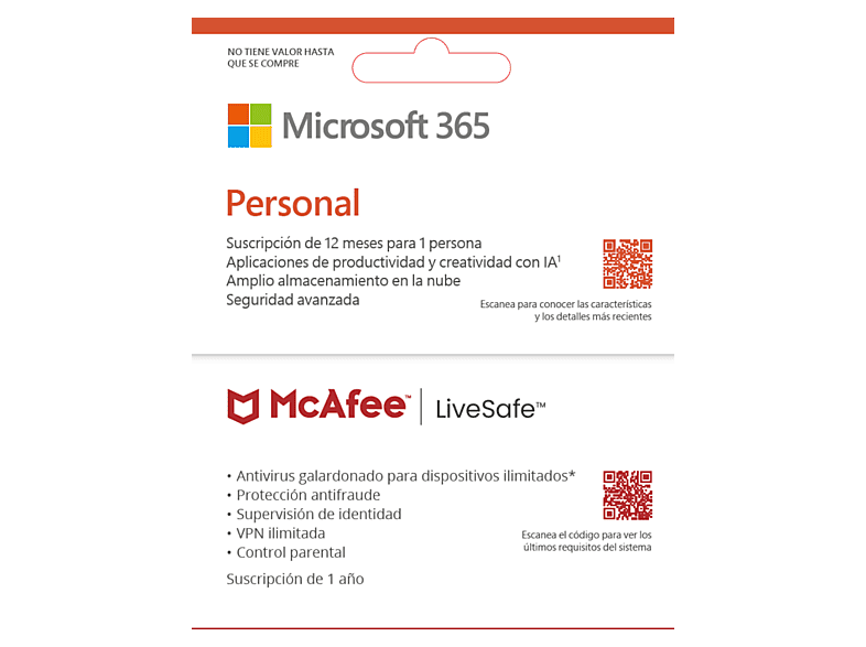 Pack Microsoft Office 365 Personal + Antivirus McAfee LifeSafe, Suscripción 1 año (Formato Físico)