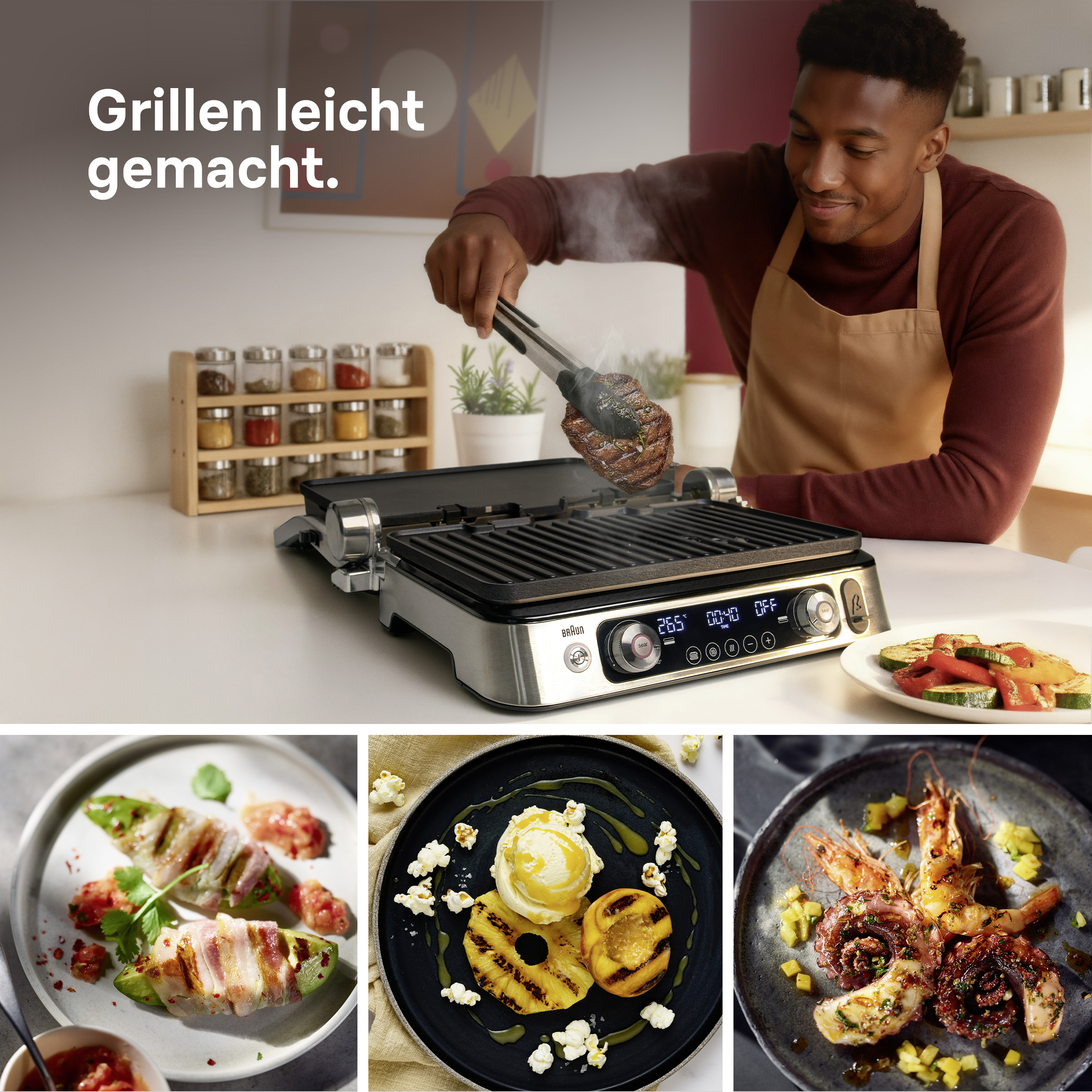 Mann grillt Steak, daneben drei Gerichte: Avocado mit Speck, Pfirsich und Ananas mit Eis, Meeresfrüchte.