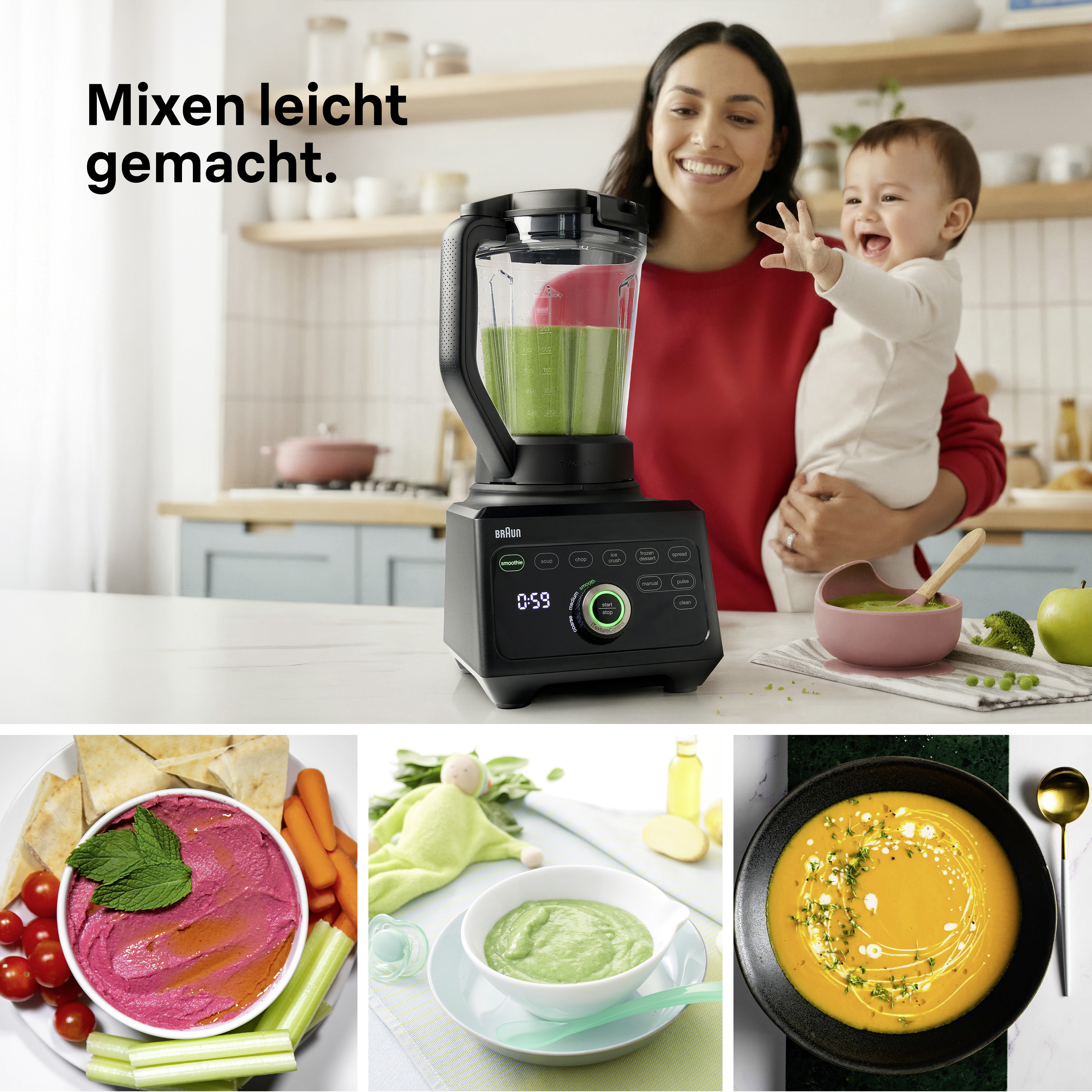 Eine Frau hält ein Baby, ein Mixer steht daneben. Unten sind drei Gerichte.