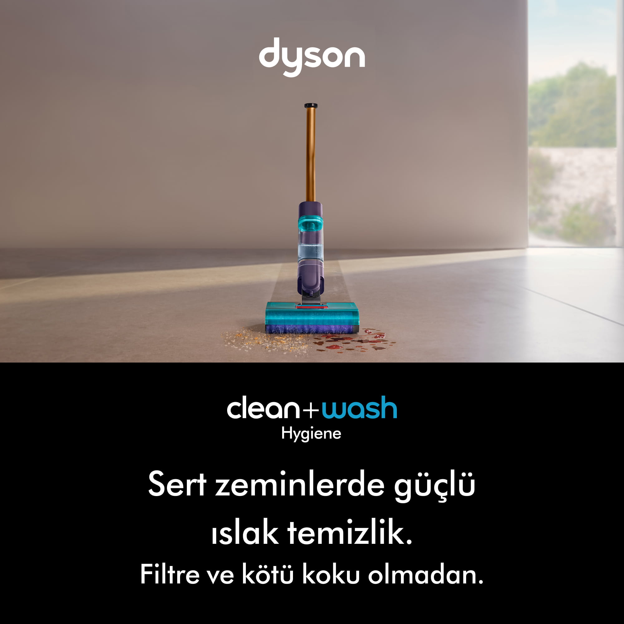 Dyson ıslak ve kuru temizleyici, kirli ve sulu bir zemini temizliyor.