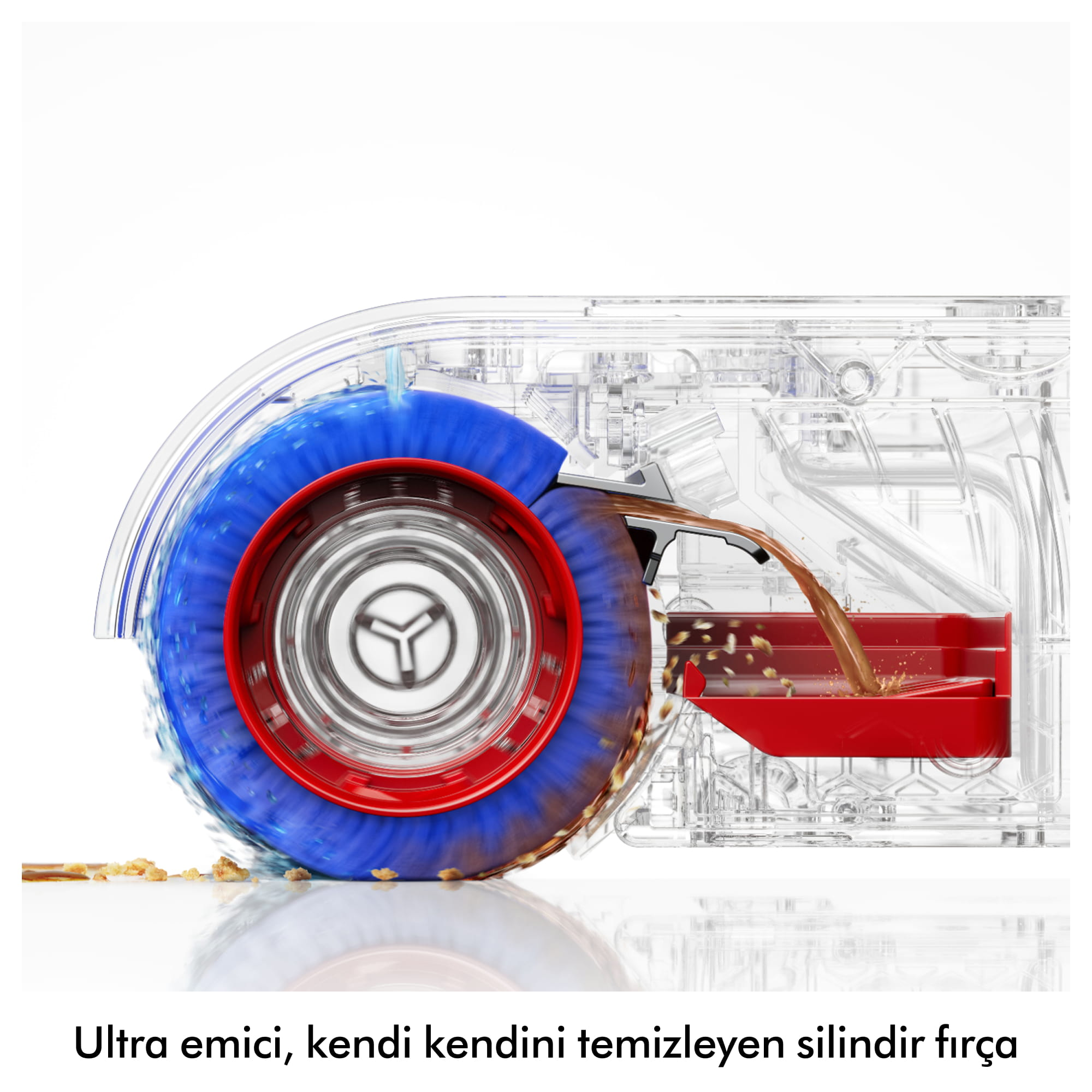 Kırmızı kenarlı mavi fırça, döküntüleri emiyor. Sıvı kırmızı bir kaba akıyor.