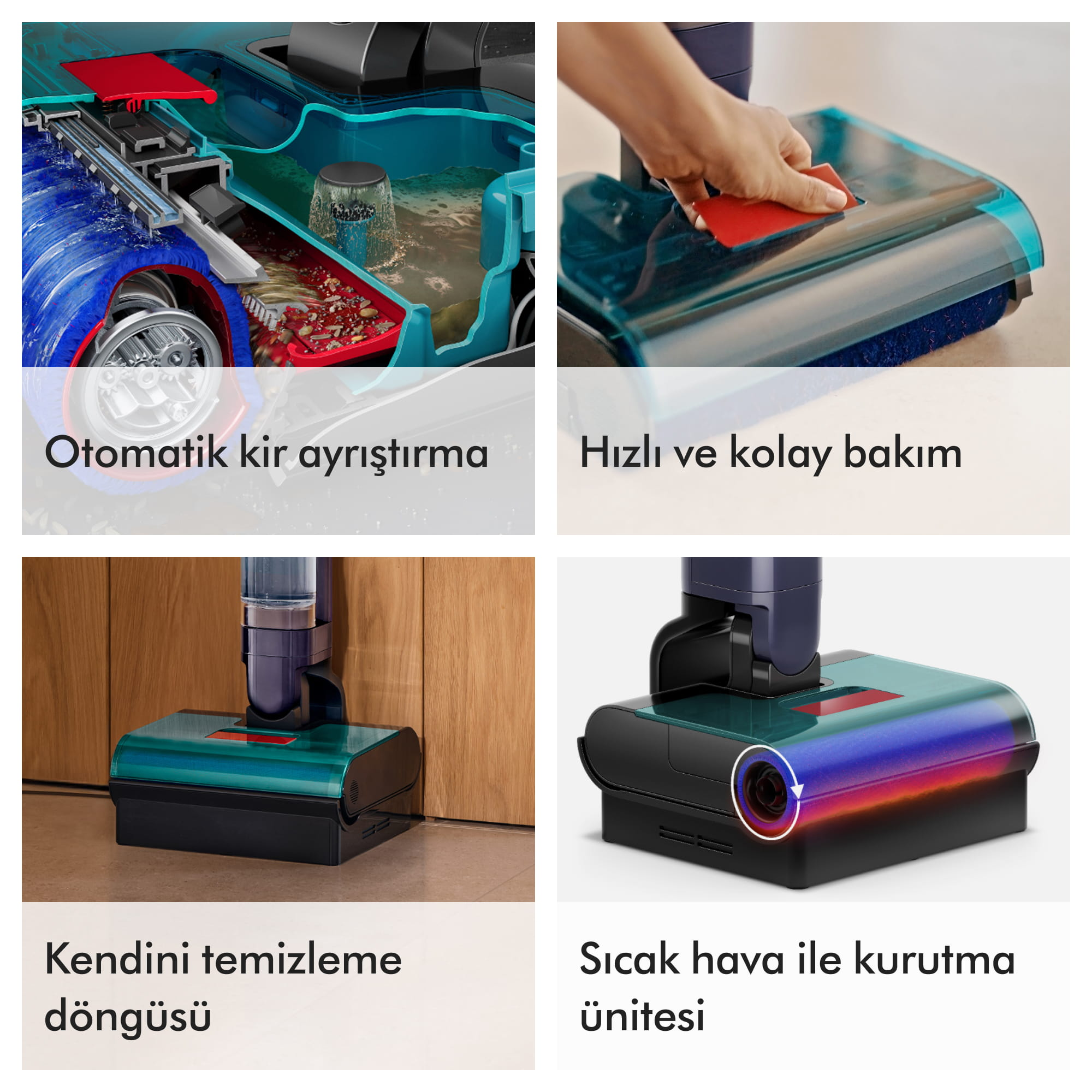 Elektrikli süpürge, otomatik kir ayırma ve kolay bakım için iç parçalarını gösteriyor.