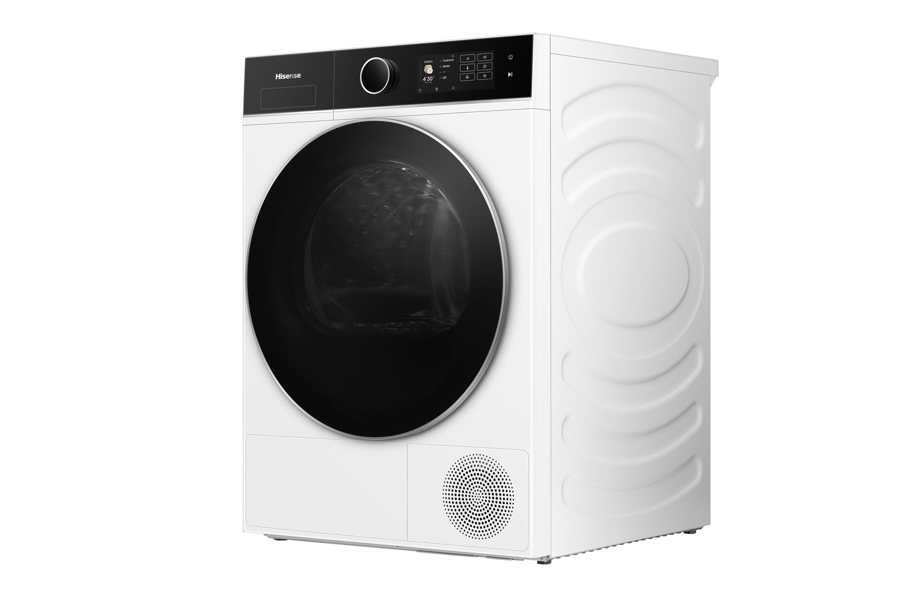 Ein weißer Wäschetrockner mit schwarzer Tür und Bedienfeld.