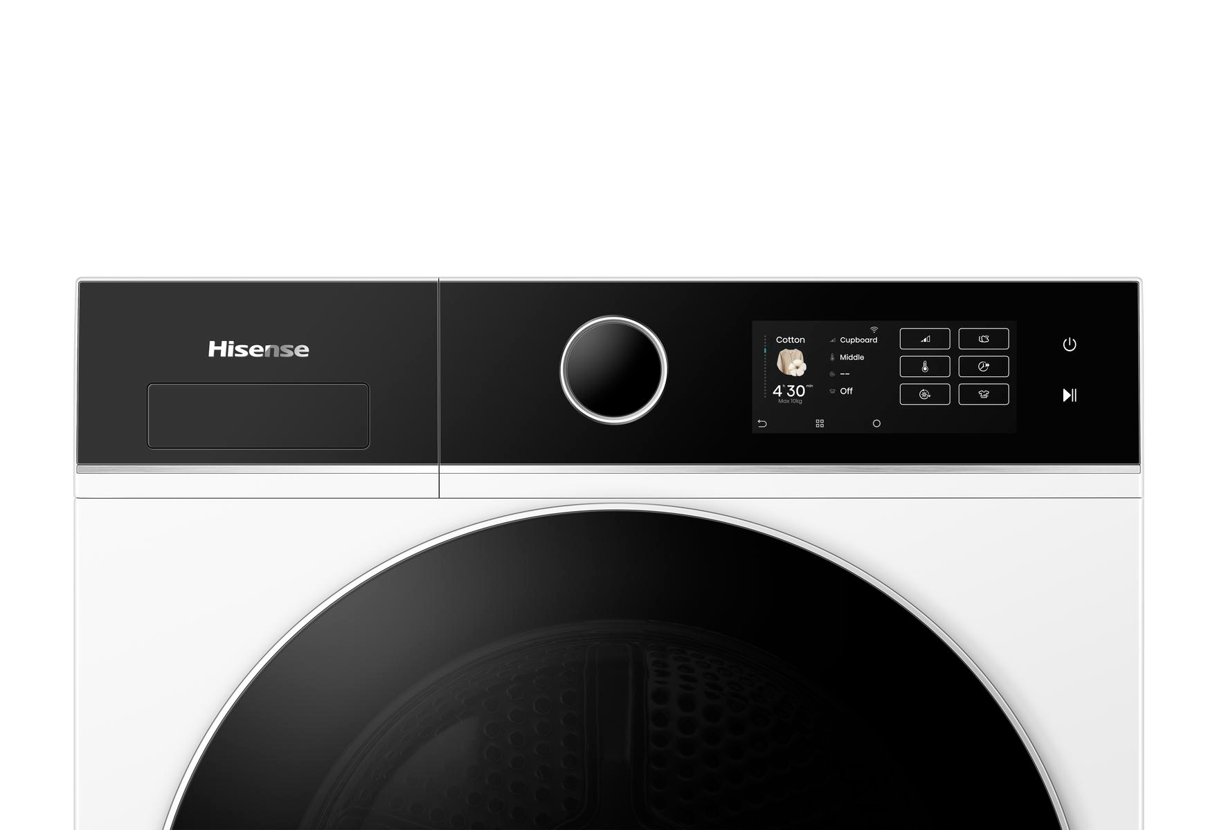 Moderne Hisense Waschmaschine mit Touchscreen-Display zeigt Programm "Baumwolle" an.