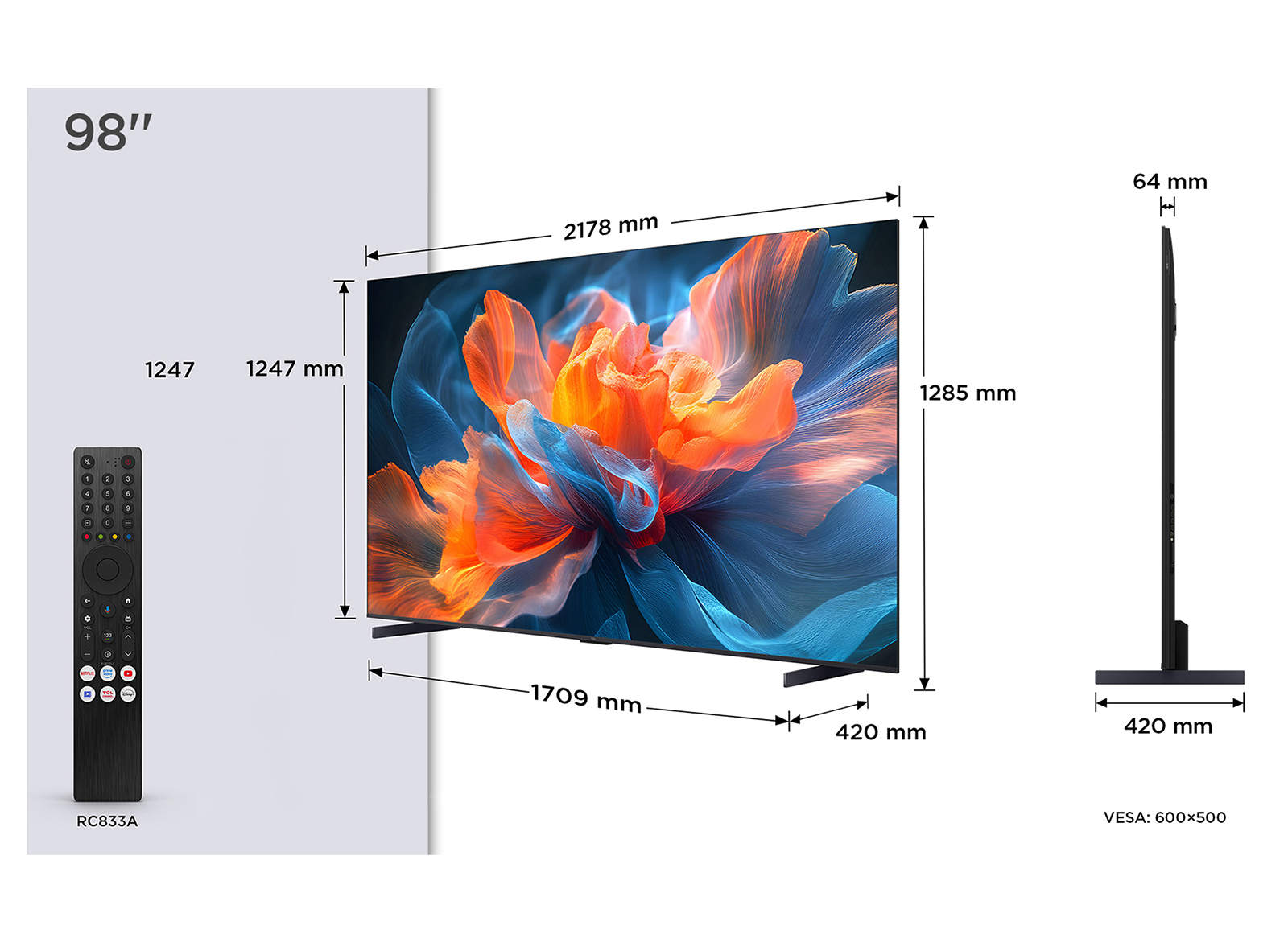 98-Zoll-Fernseher mit Fernbedienung und Maßen: 2178x1285x64mm.
