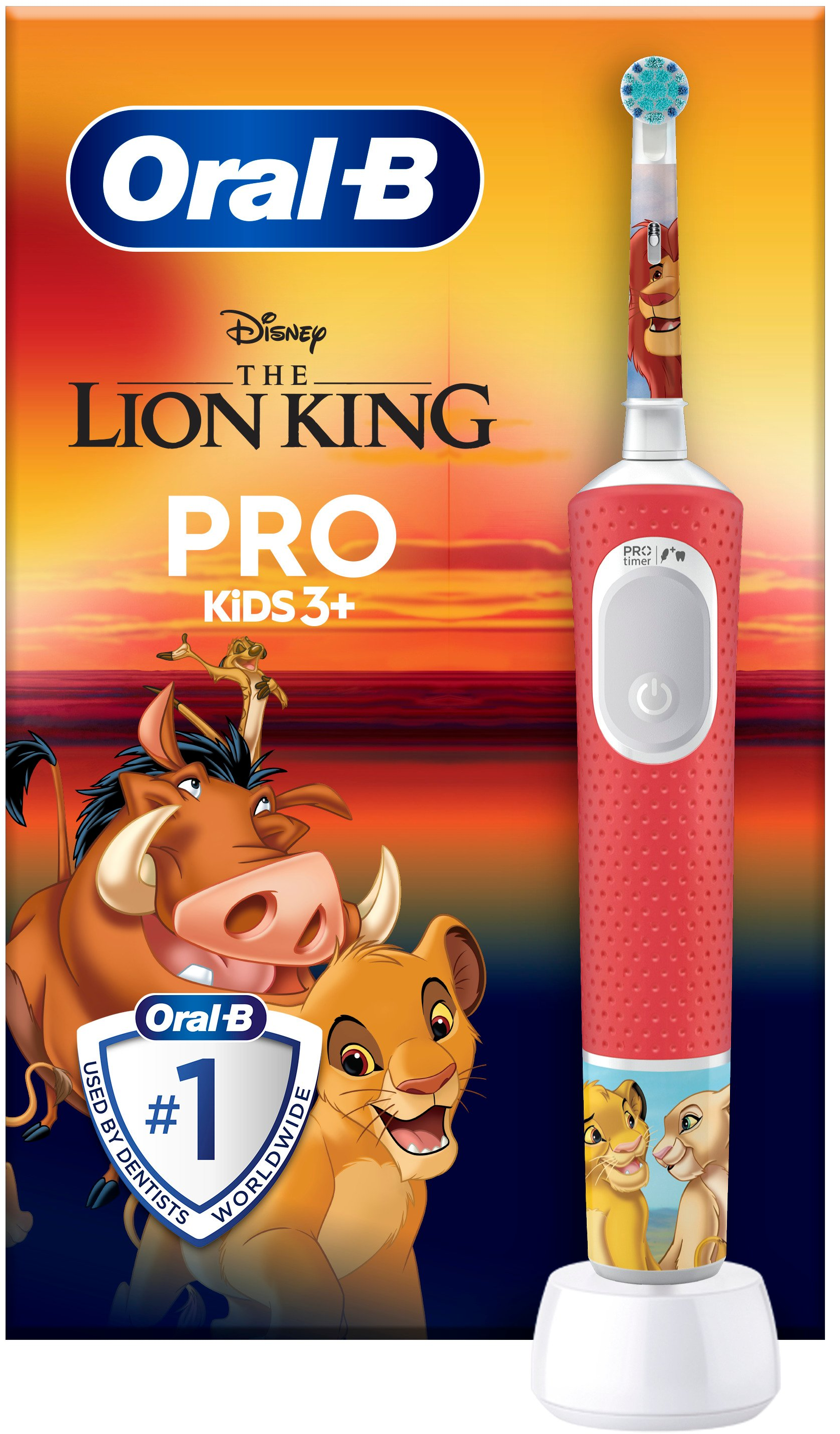 Spazzolino elettrico Oral-B rosso con personaggi de Il Re Leone per bambini.