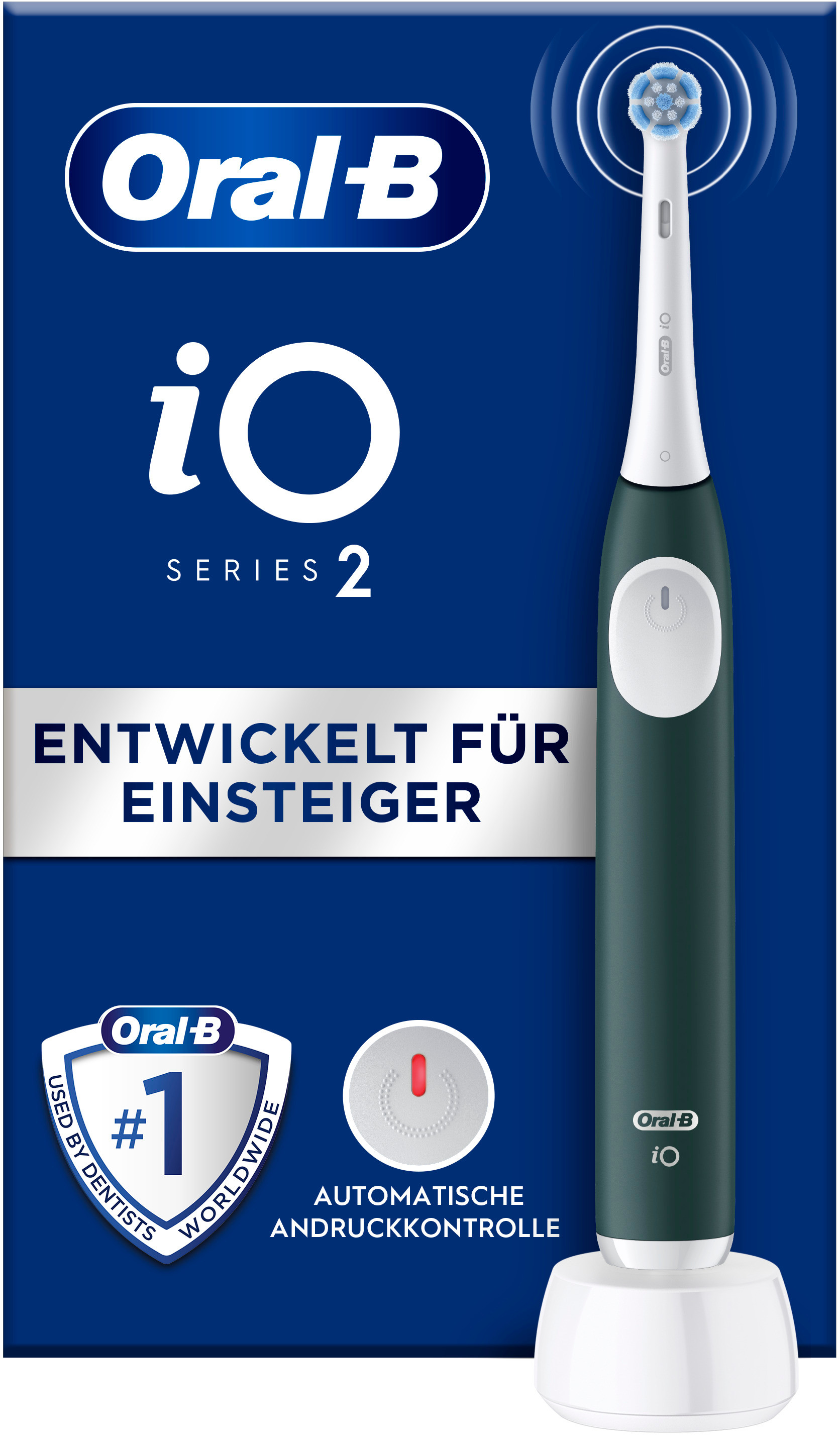 Dunkelgrüne Oral-B iO Series 2 Zahnbürste mit Ladestation.