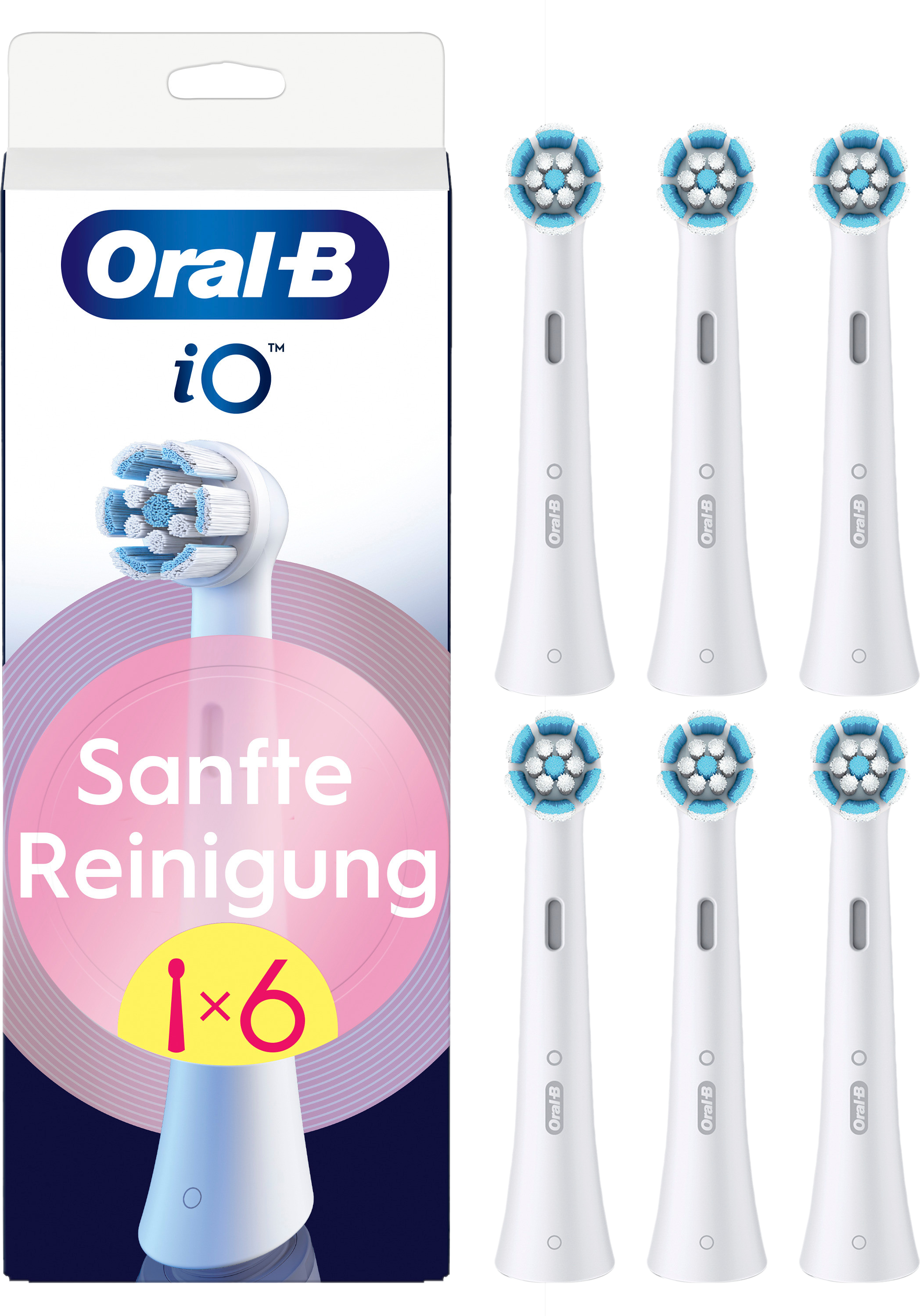 Testine Oral-B iO in confezione. Sei testine bianche con setole blu e bianche.