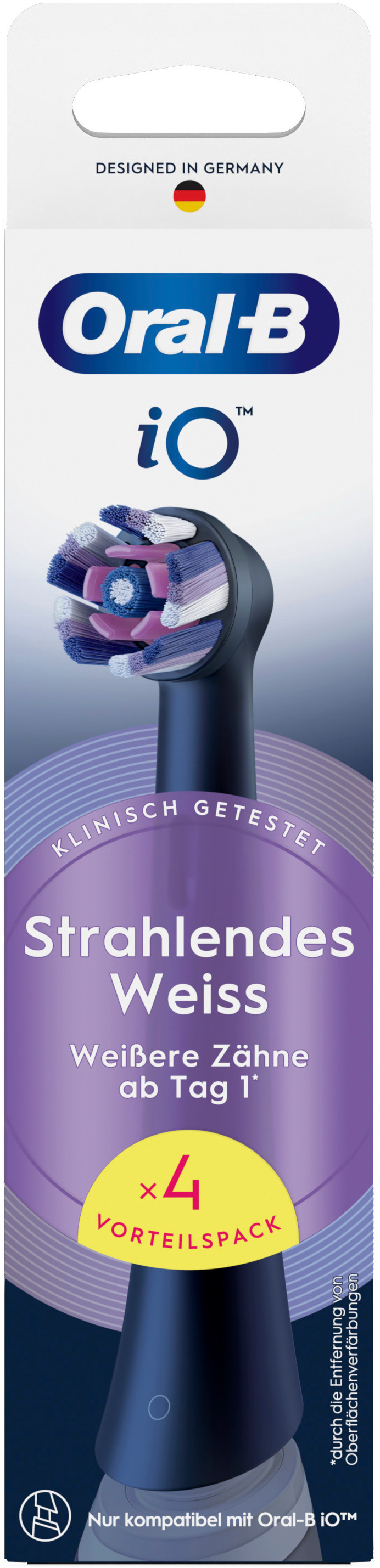 Verpackung für Oral-B iO elektrische Zahnbürste mit Aufsatz und Text.