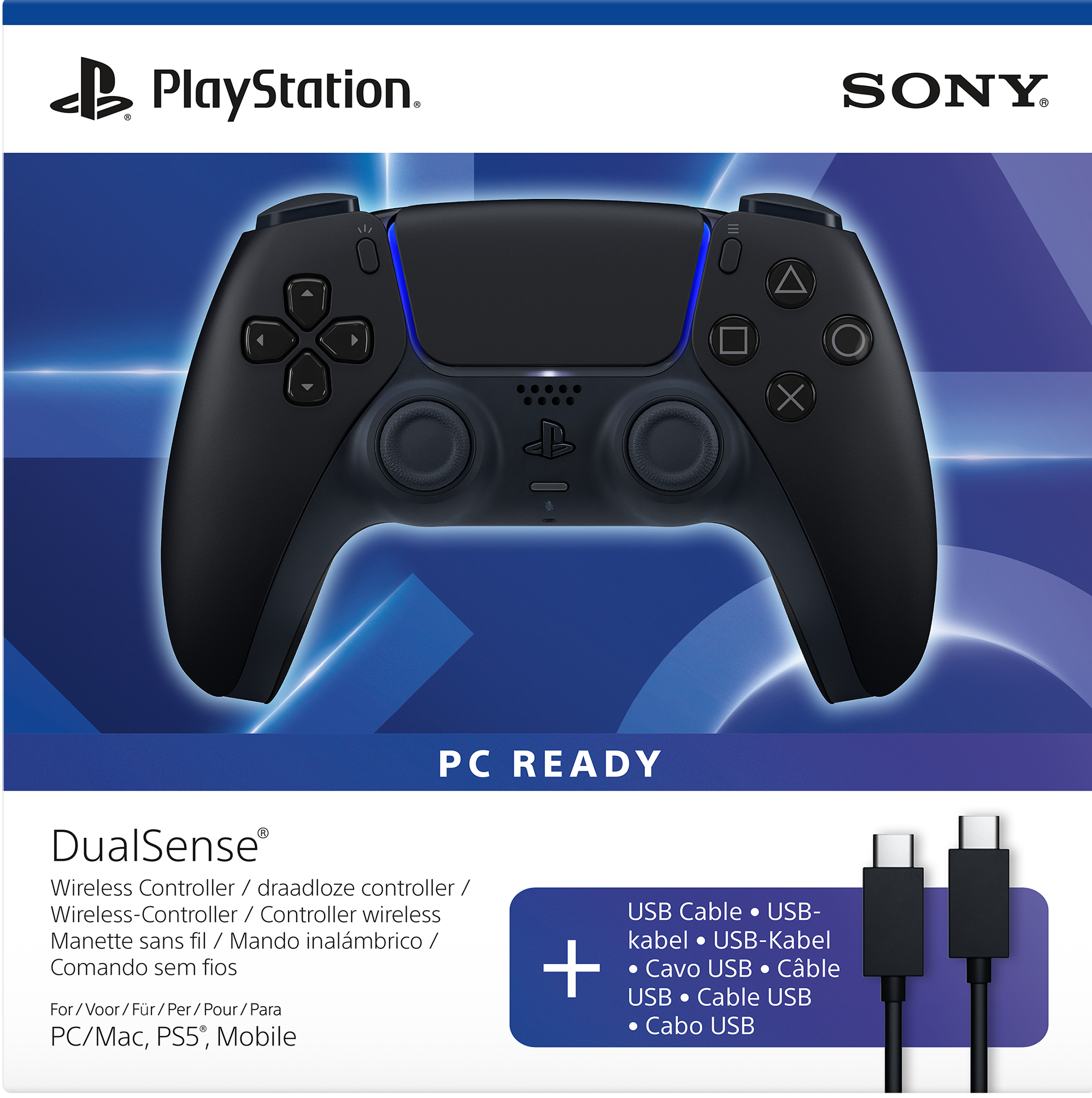 Schwarzer PlayStation DualSense Controller mit blauer Beleuchtung, PC READY.