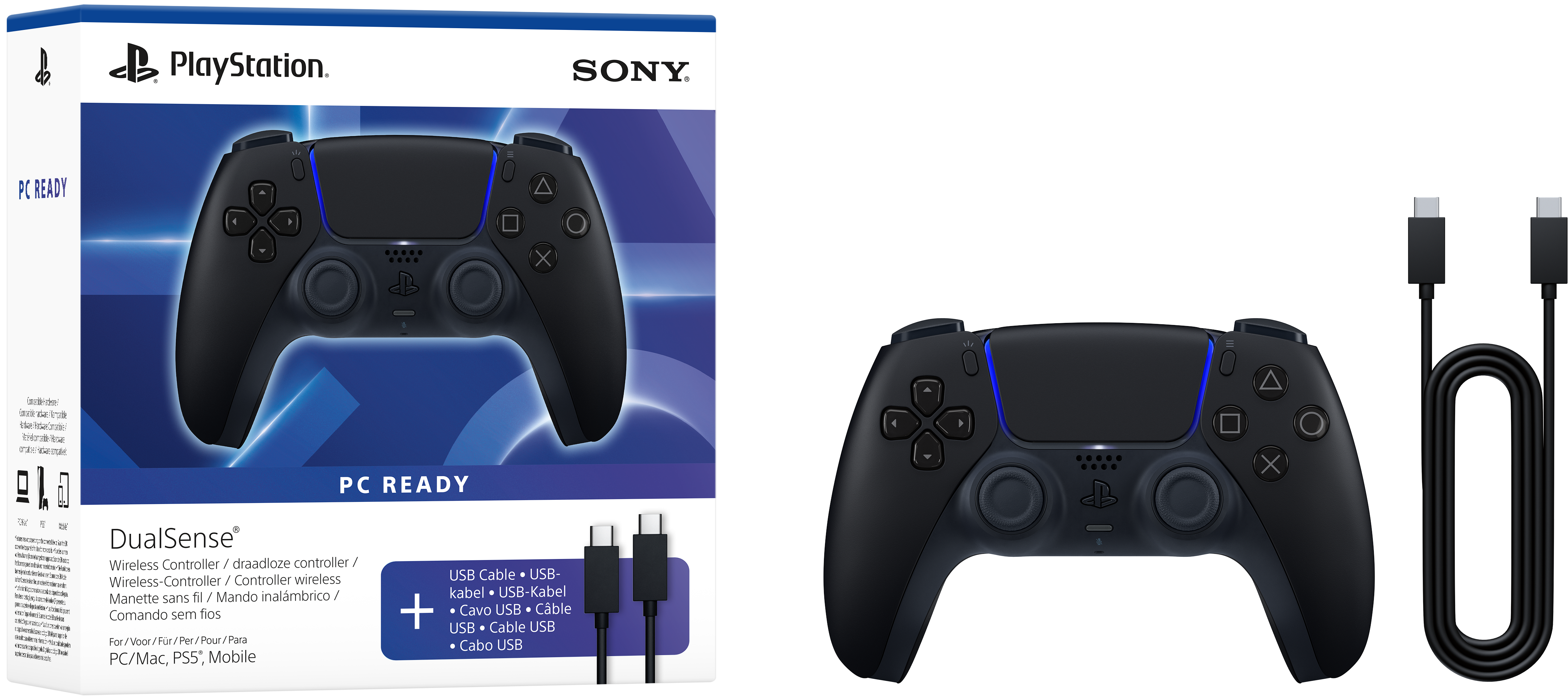 Schwarzer DualSense Controller mit blauen Akzenten, neben Verpackung und Kabel.