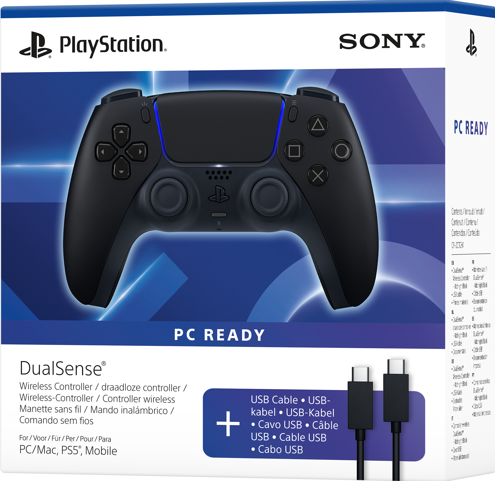 PlayStation DualSense Controller mit "PC READY" Aufschrift und USB-Kabel.