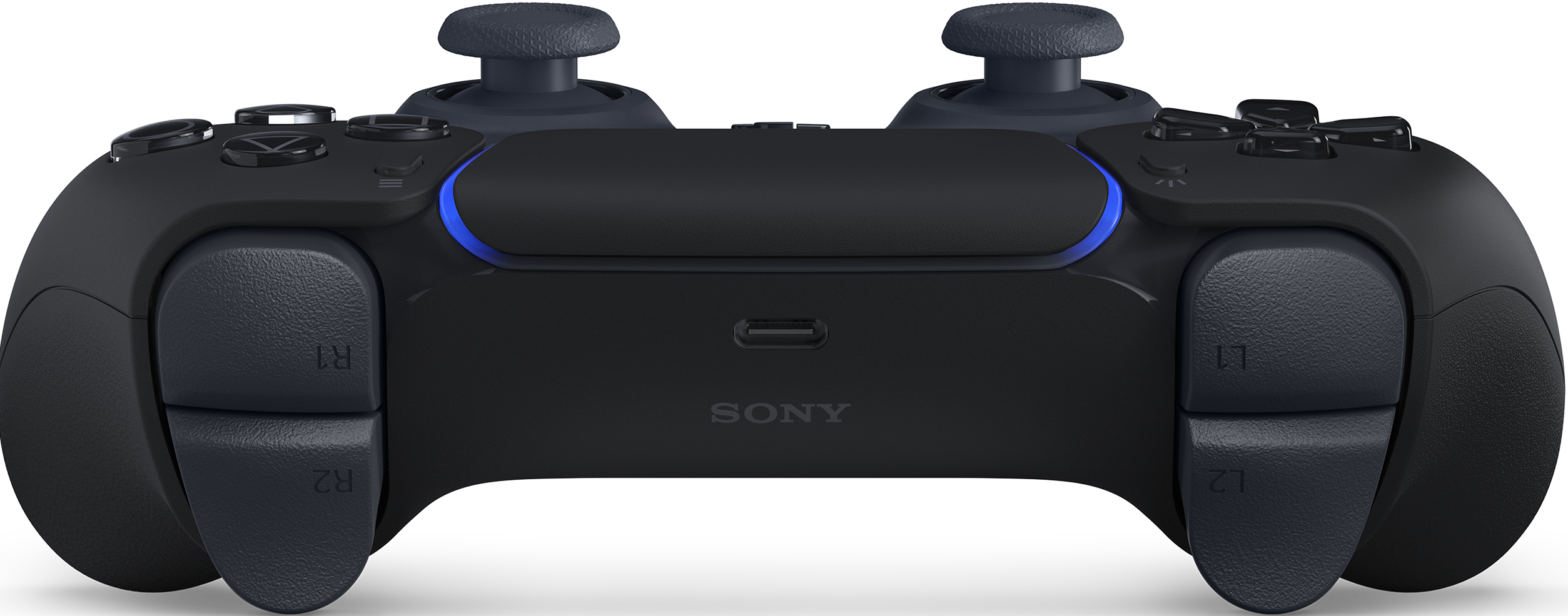 Schwarzer PlayStation 5 Controller mit blauer Beleuchtung und USB-C-Anschluss.