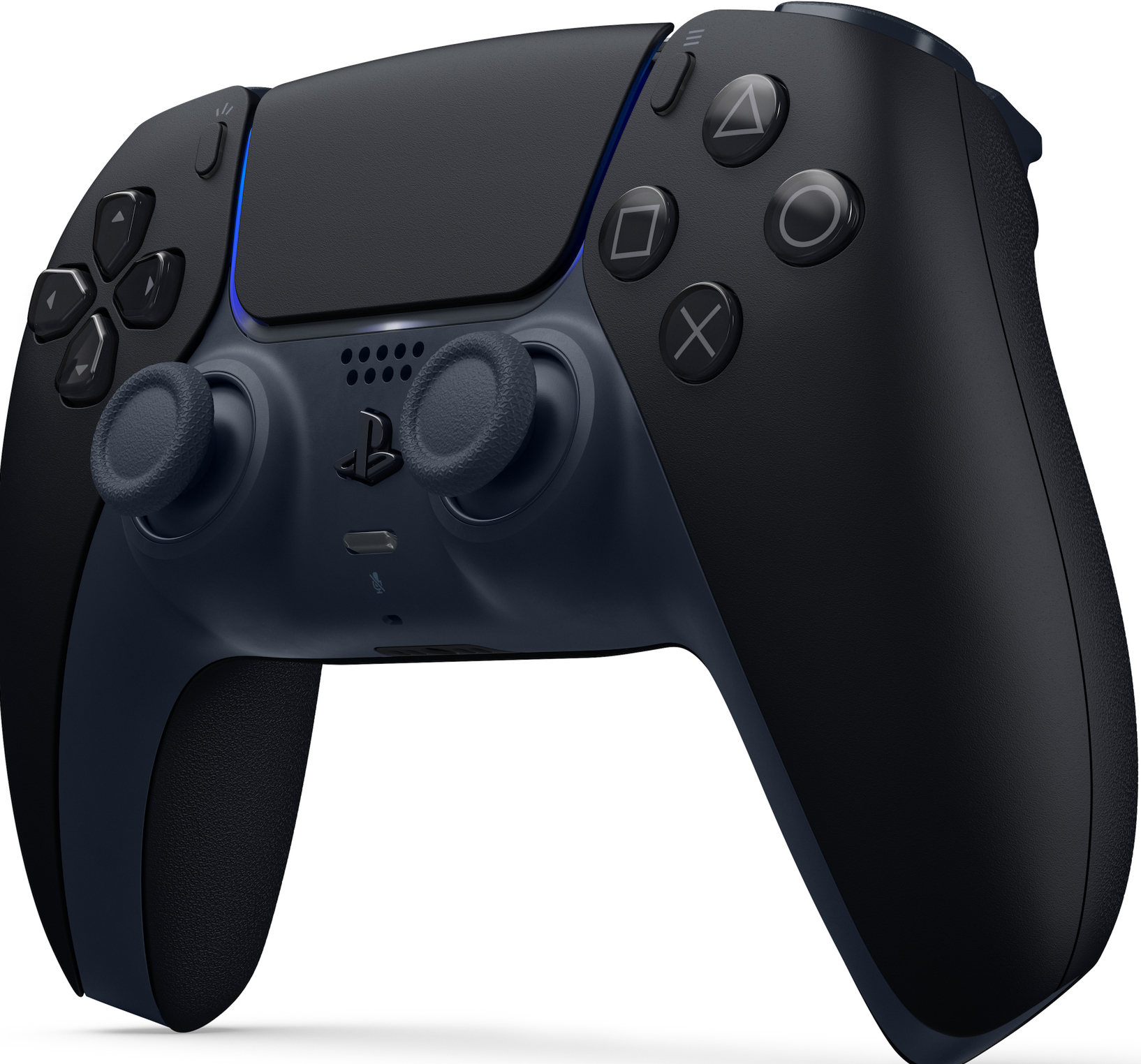 Schwarzer Gamecontroller mit blauen Akzenten und Knöpfen.