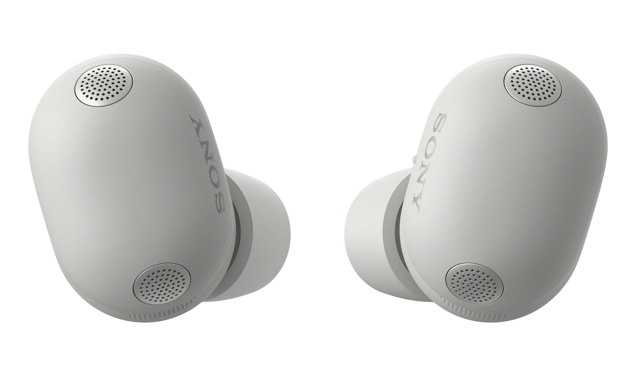 Dwa białe słuchawki Sony z maskownicami głośników i logo SONY.