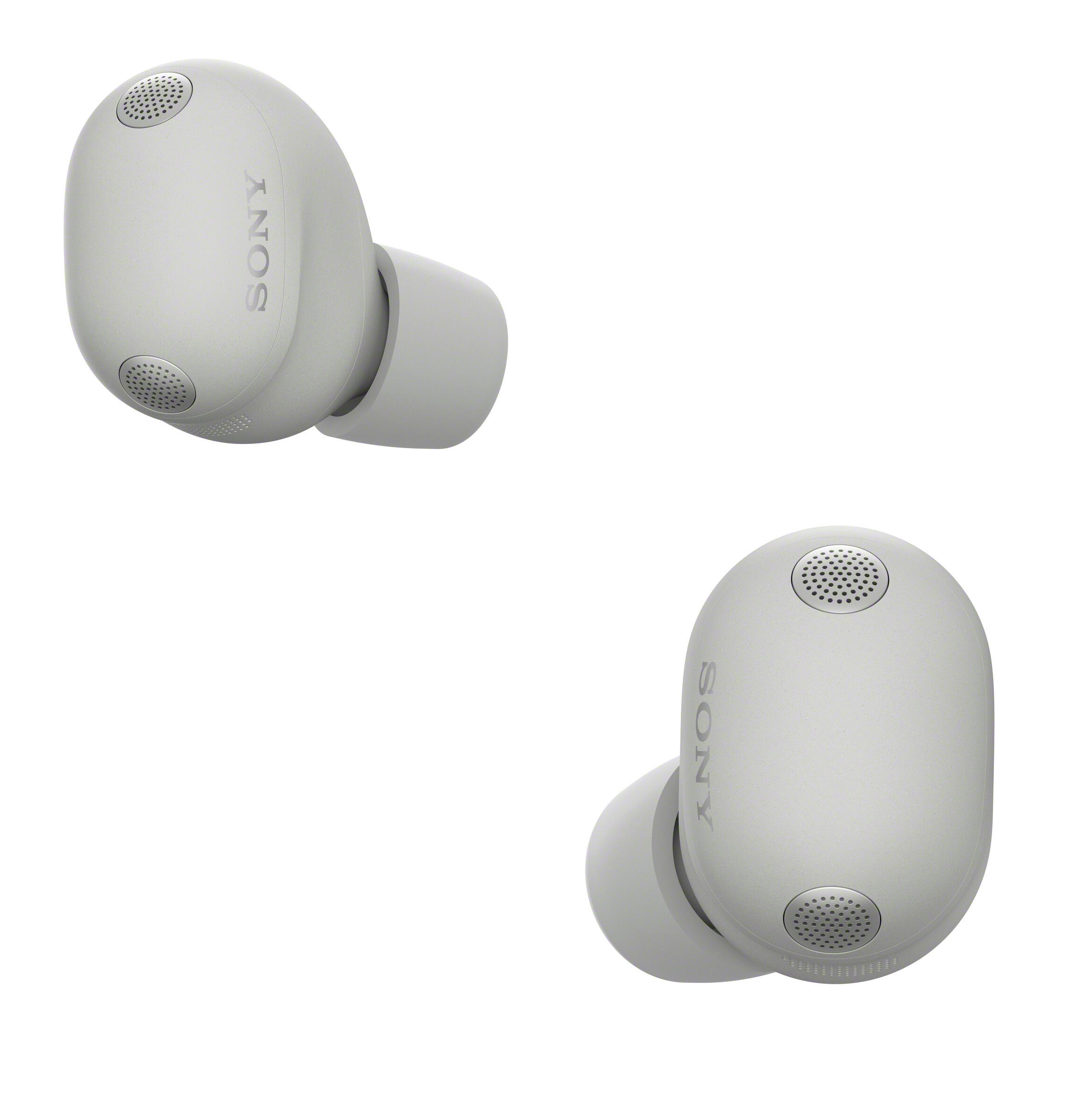 Dwa białe słuchawki Sony na białym tle.