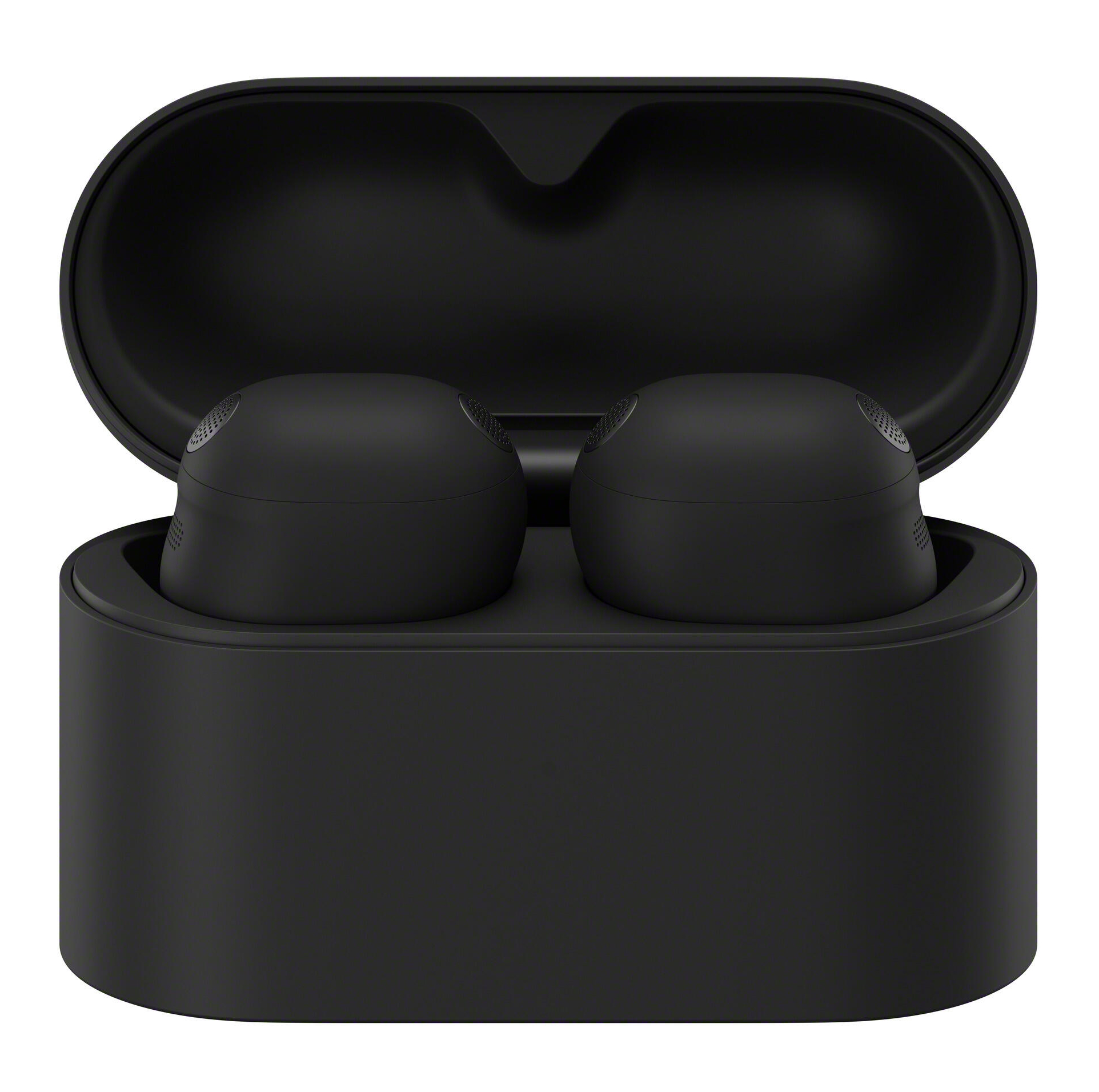 Czarne słuchawki bezprzewodowe w otwartym etui ładującym.