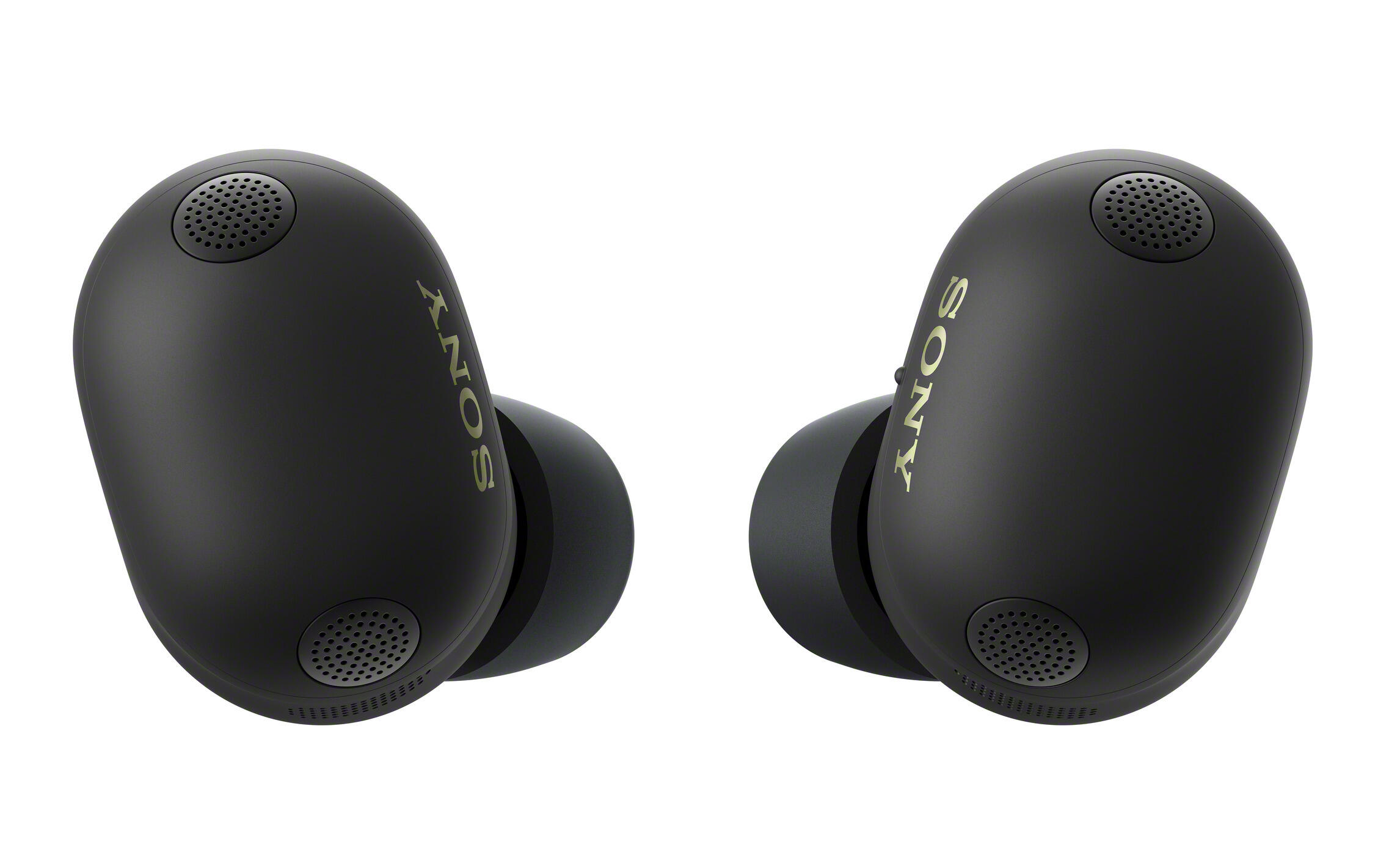 Dwa czarne słuchawki Sony ze złotym logo na białym tle.