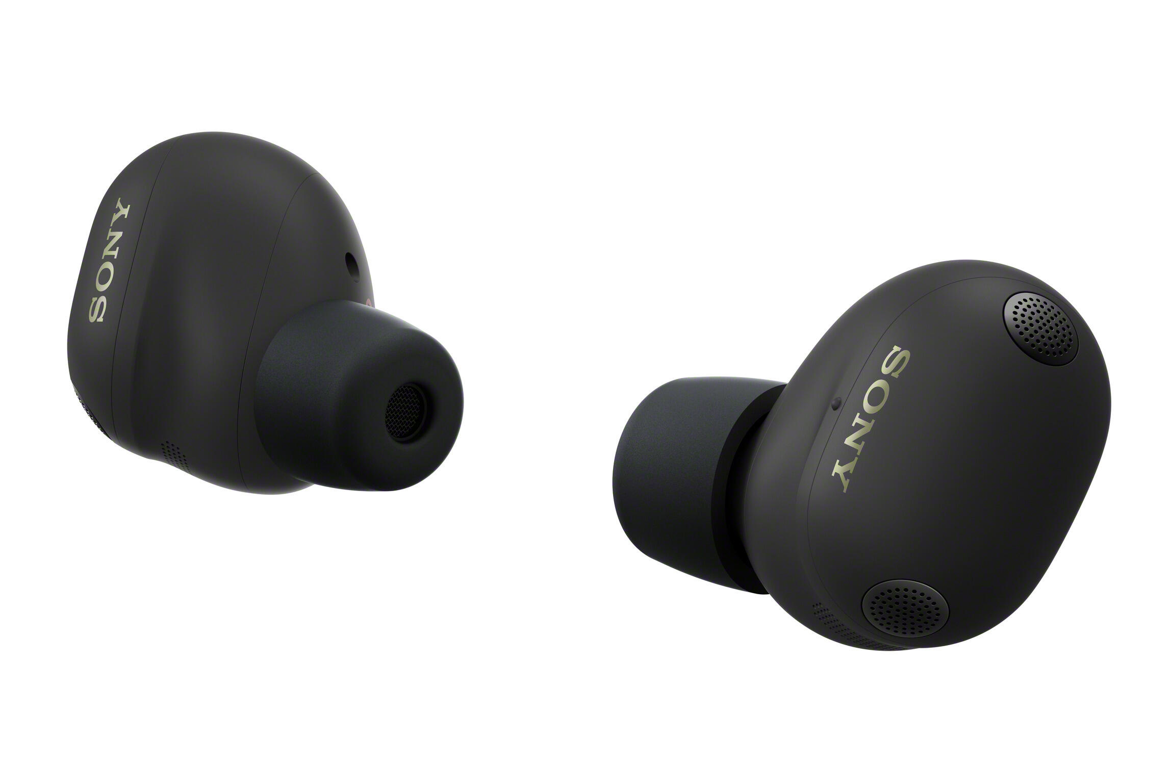 Dwa czarne słuchawki Sony ze złotym logo na białym tle.