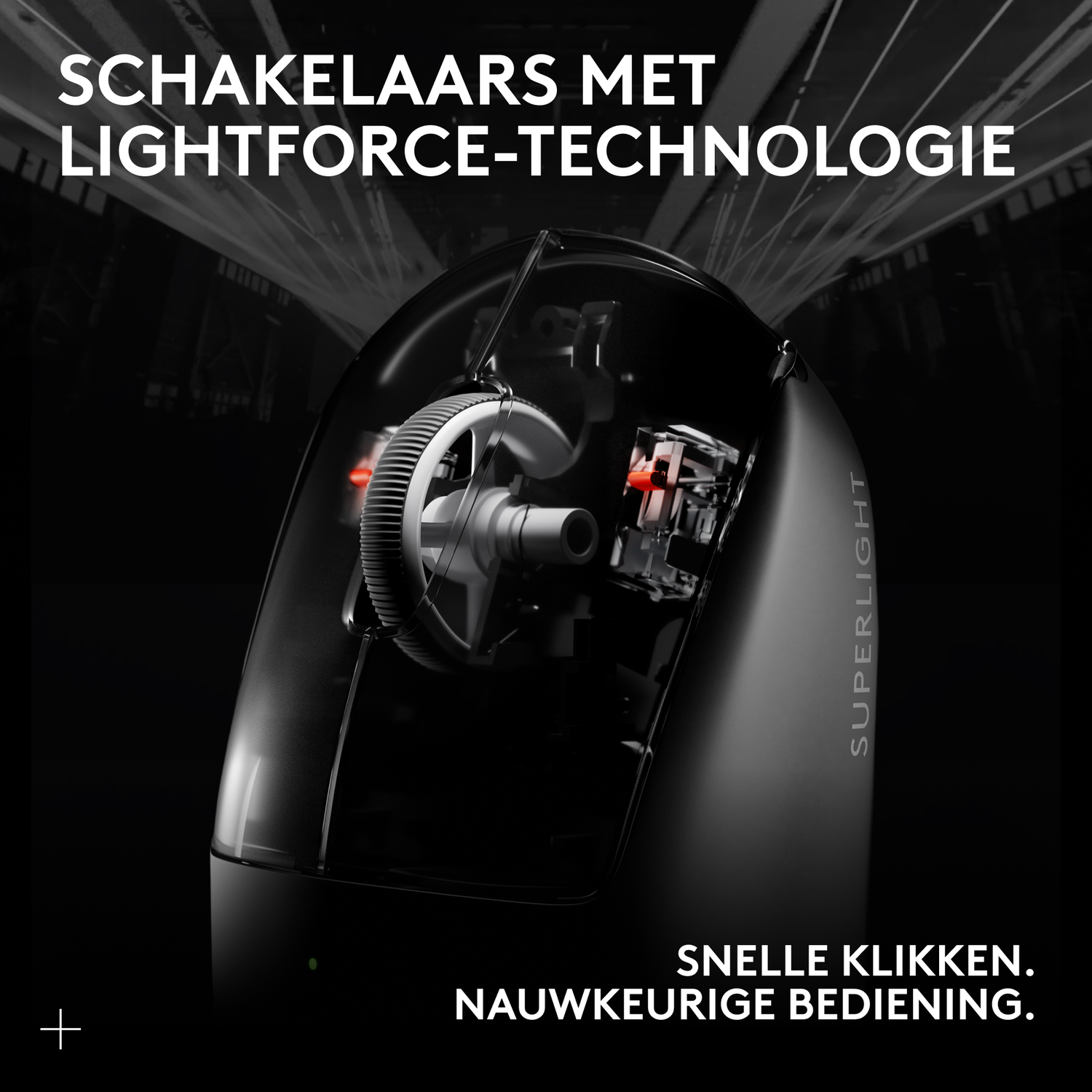 A black gaming mouse prototype showing internal mechanisms and red light.