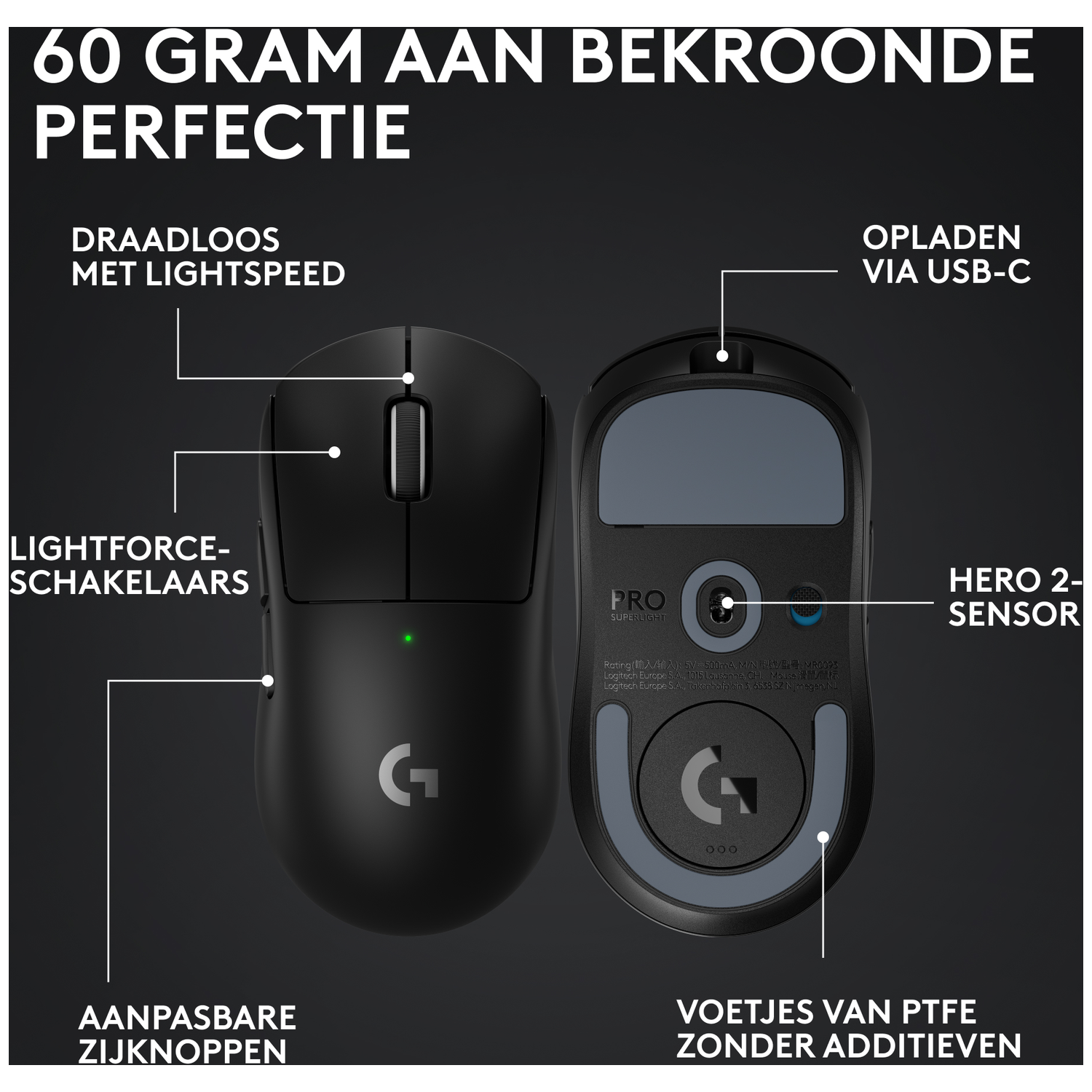 Logitech G PRO X SUPERLIGHT Draadloze Gaming Muis, Lichtgewicht 63g, HERO 25K Sensor, 25.600 DPI, 5 Programmeerbare Knoppen, Lange Batterijduur, Ontworpen voor Esports, PC/Mac (DE verpakking) - zwart
