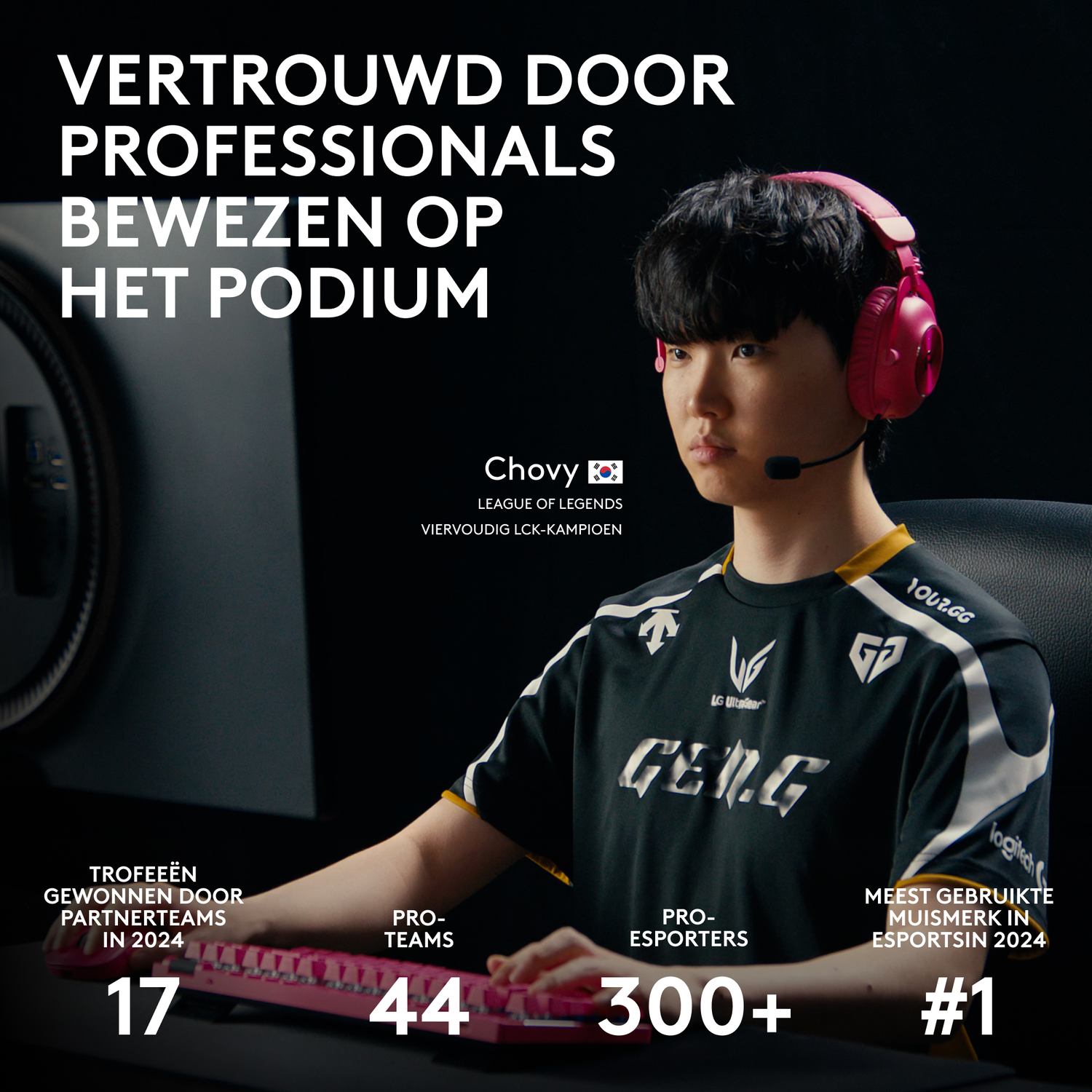 An esports player wearing headphones, with stats on trophies and teams.