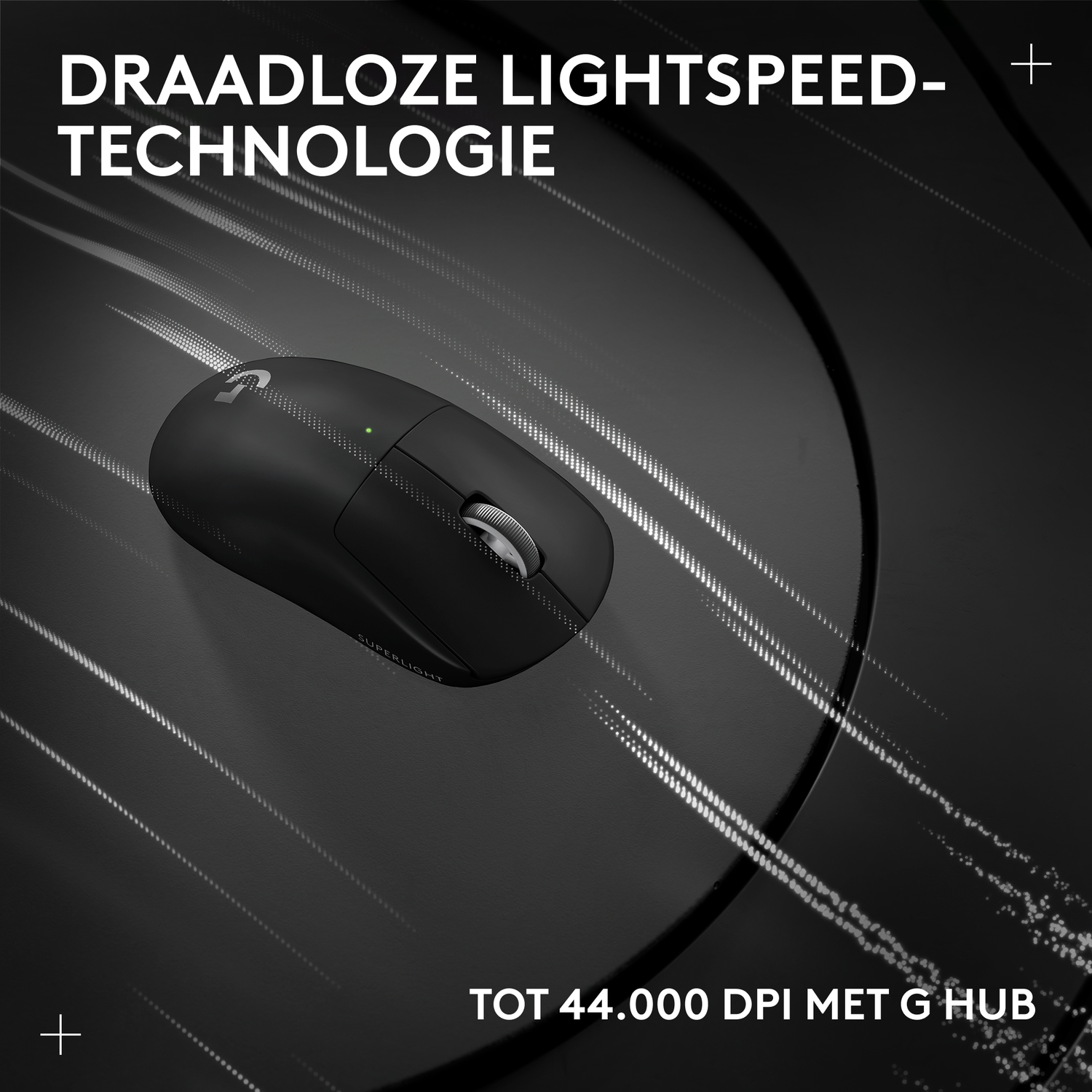 Black mouse with Logitech logo on a dark, glossy surface.