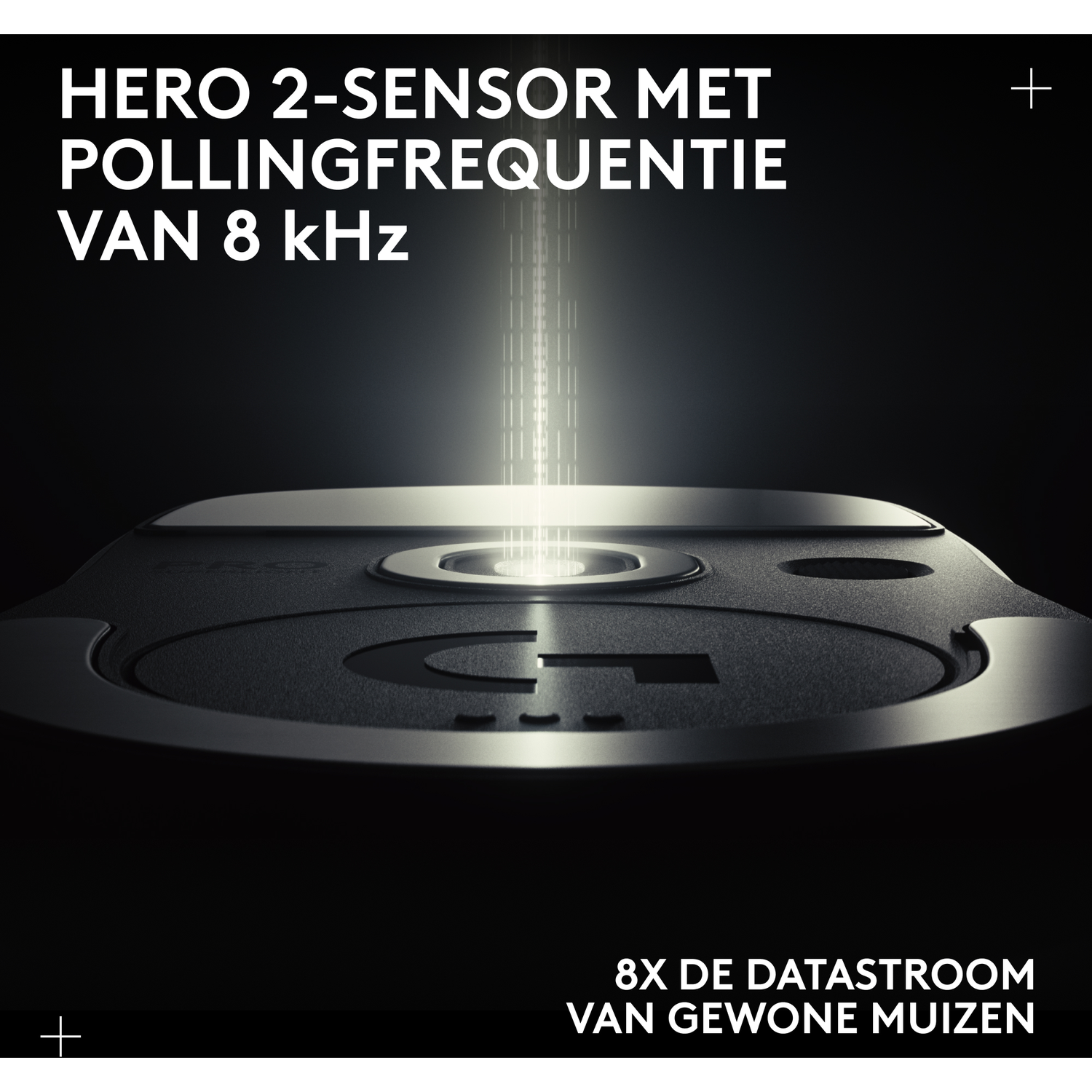 Close-up of a mouse top with light beam and text.