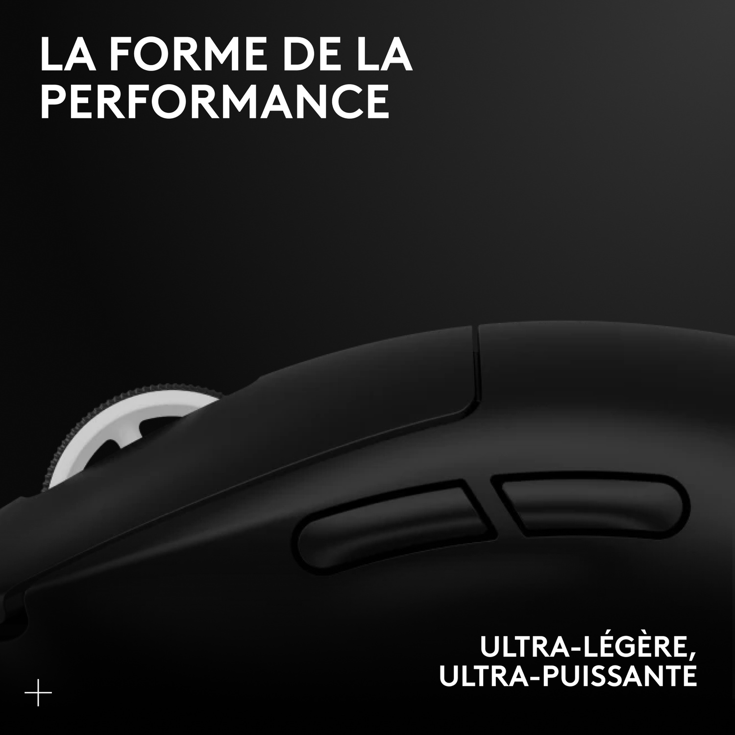 Souris noire avec molette et deux boutons. Texte : La forme de la performance.