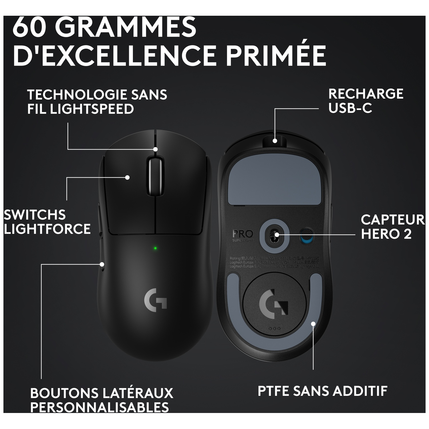 Souris gaming Logitech noire avec indications pour technologie sans fil, USB-C et capteur.