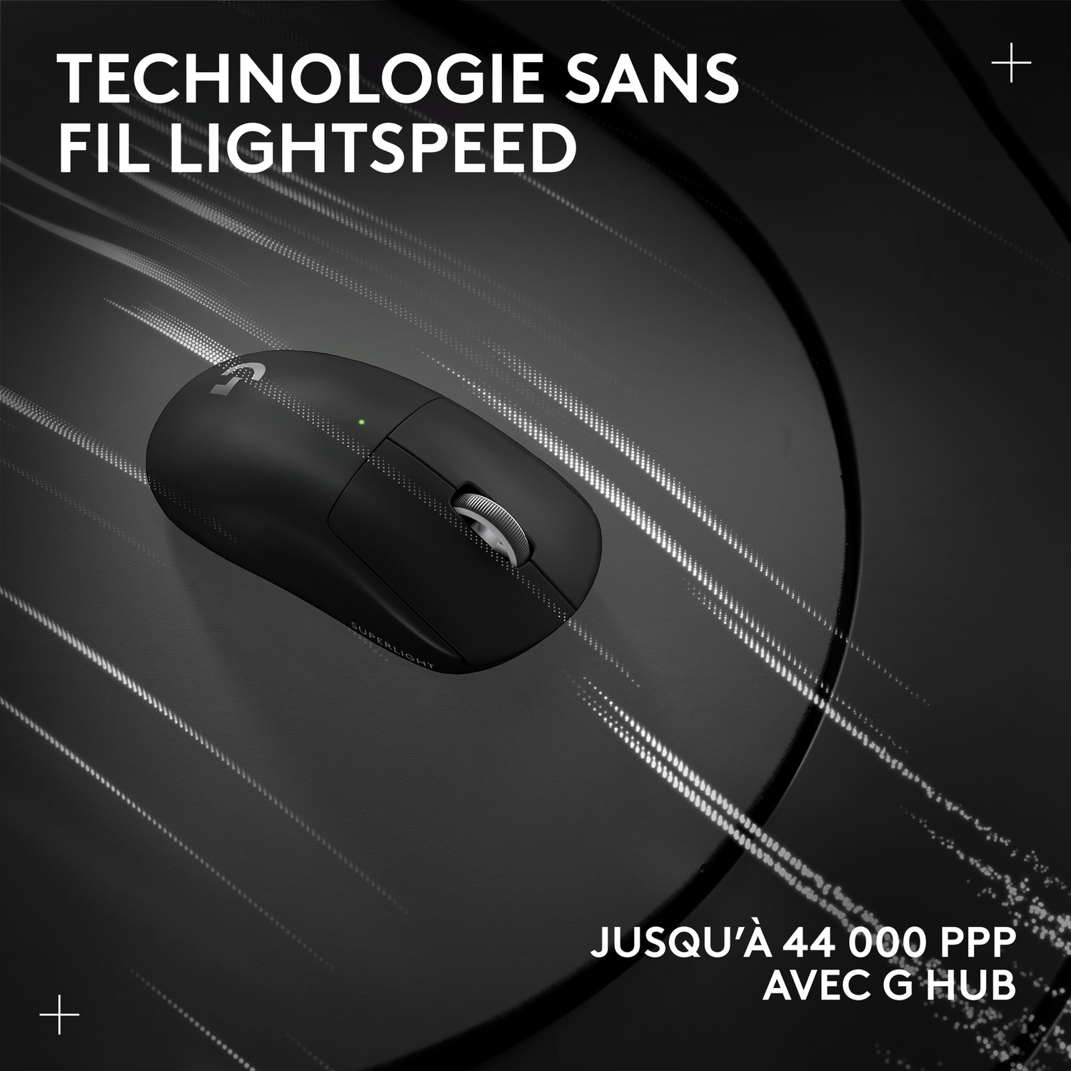 Souris Logitech noire avec texte "Superlight" et "Lightspeed".