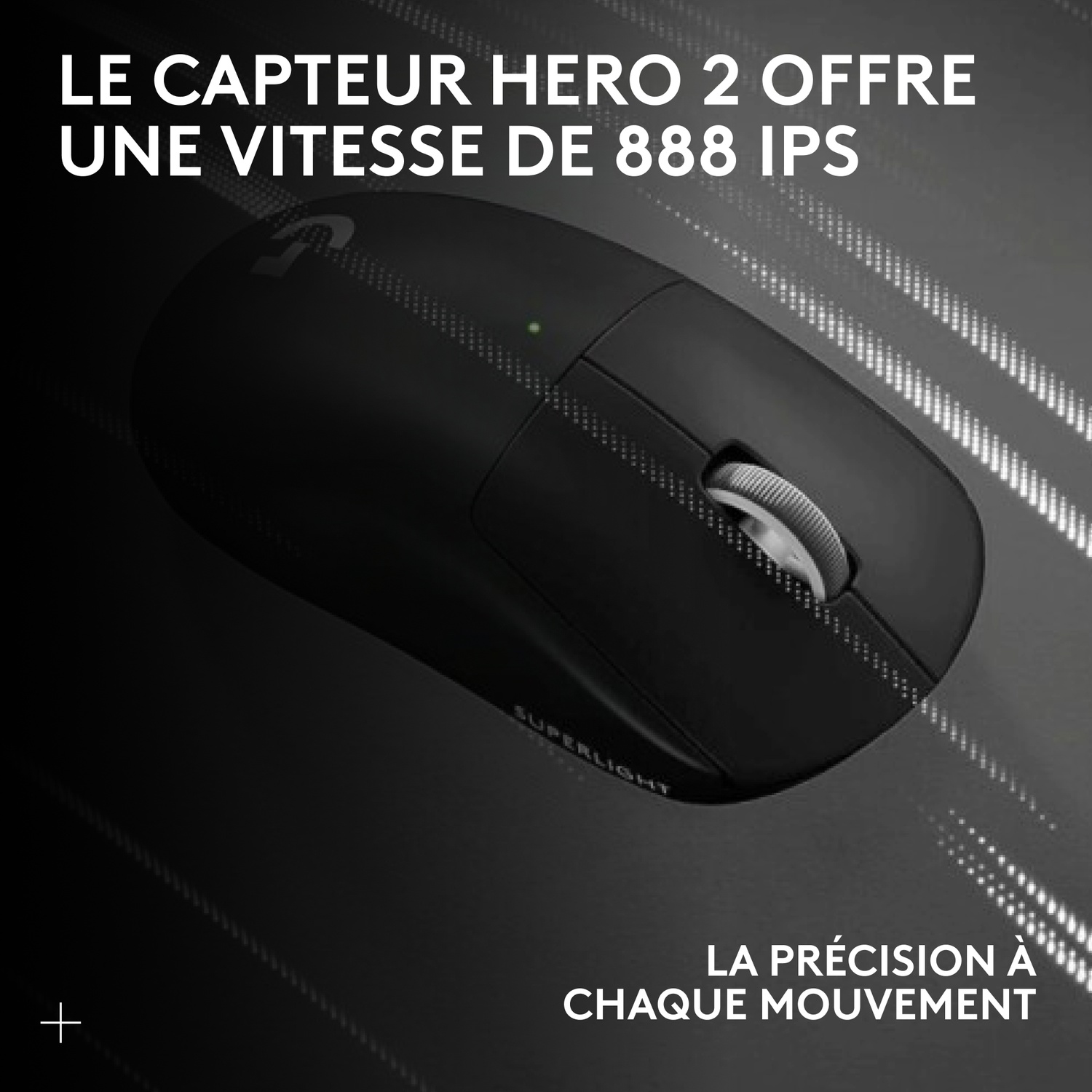 Souris Logitech noire avec molette et inscription "Superlight".
