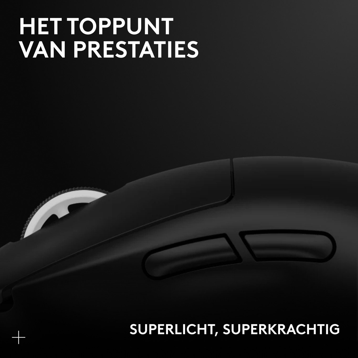 Black mouse detail, showing scroll wheel and buttons. Text: 'Super light, super powerful'.