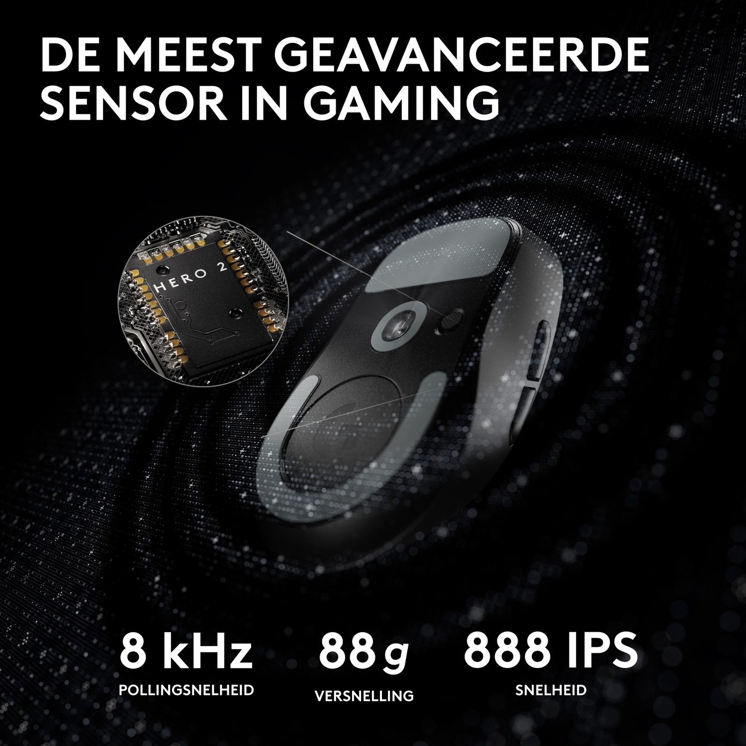 A gaming mouse sensor labeled HERO 2, 8 kHz polling rate, 88g weight, 888 IPS speed.
