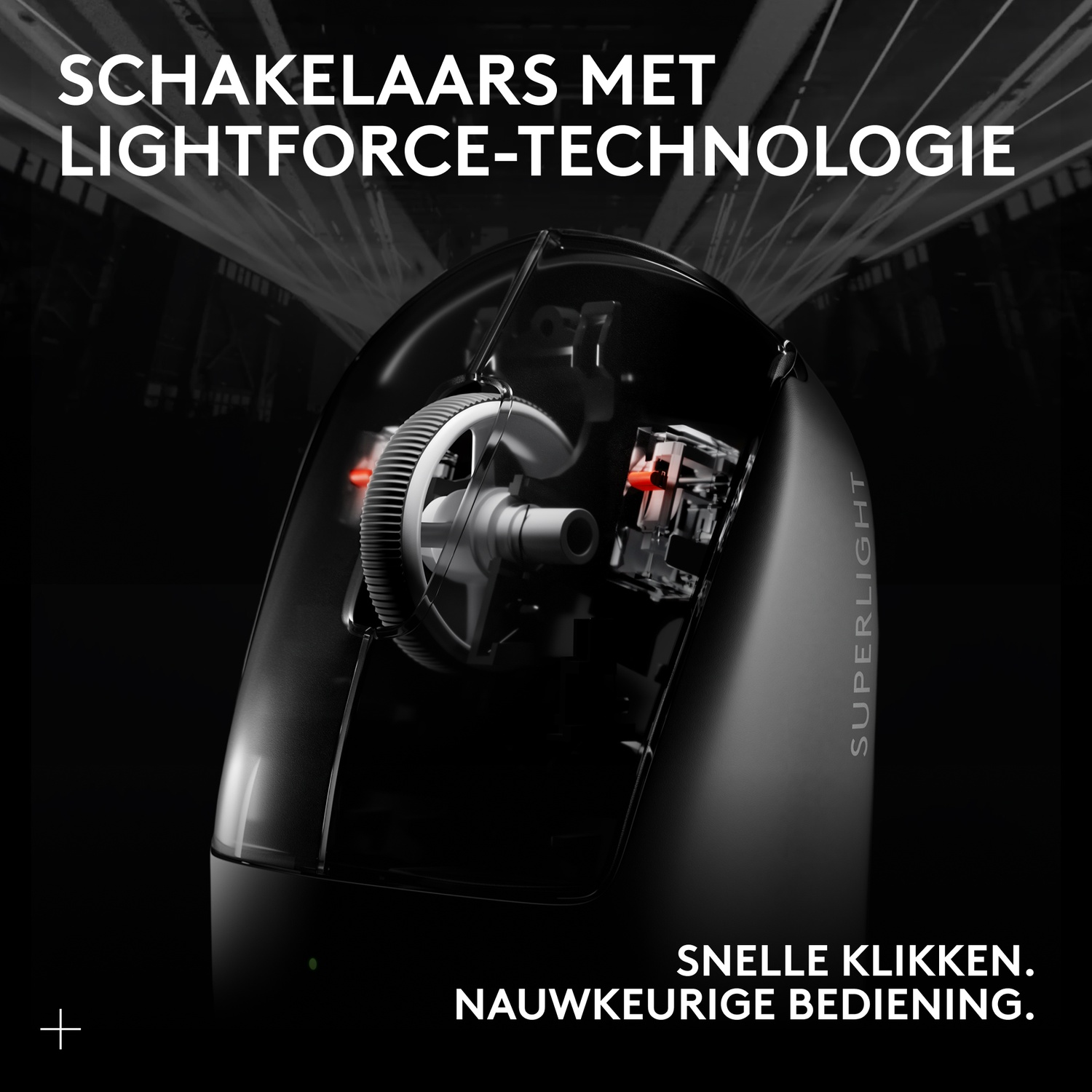Close-up of a black gaming mouse with illuminated red switches.