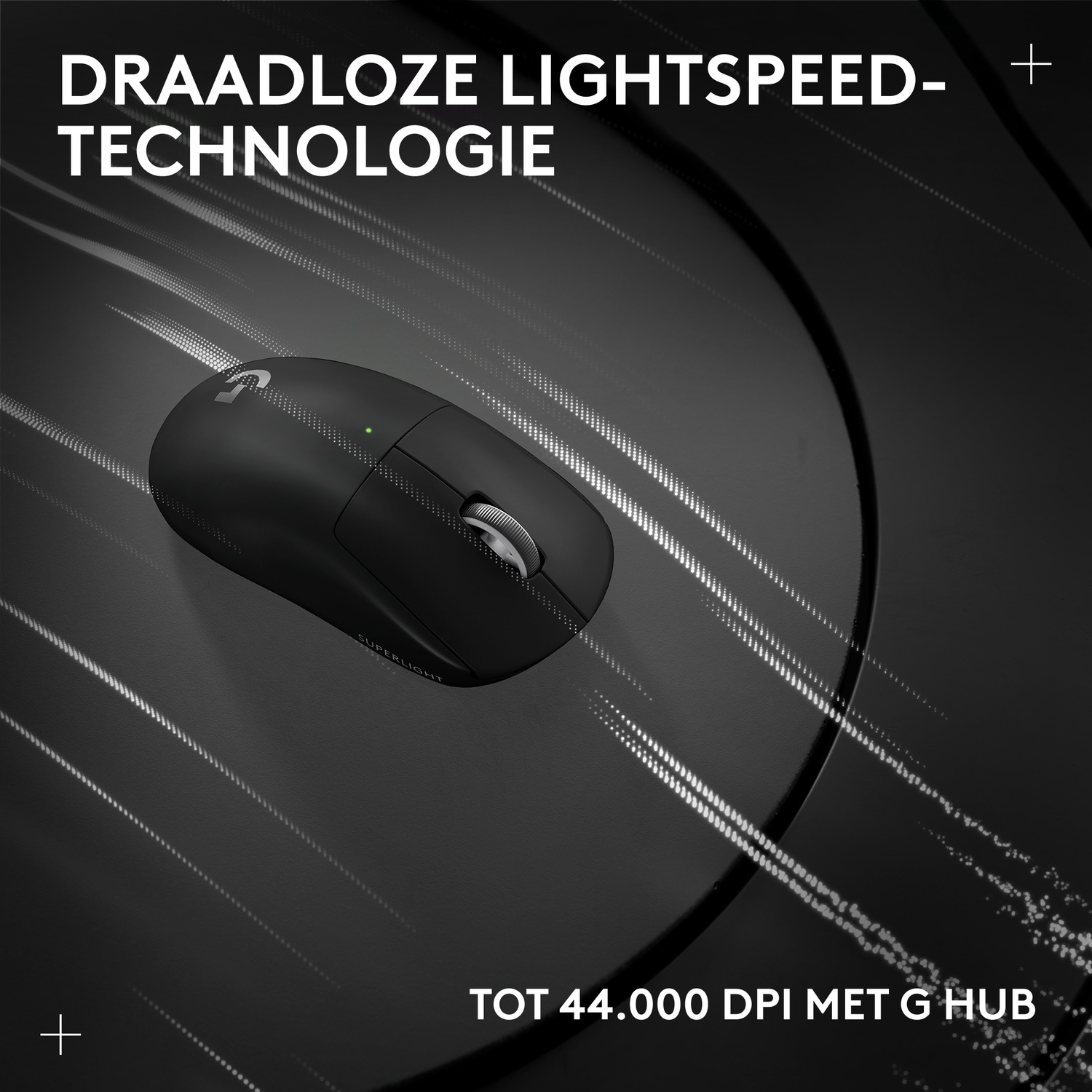 Black wireless mouse on a dark background with light streaks.