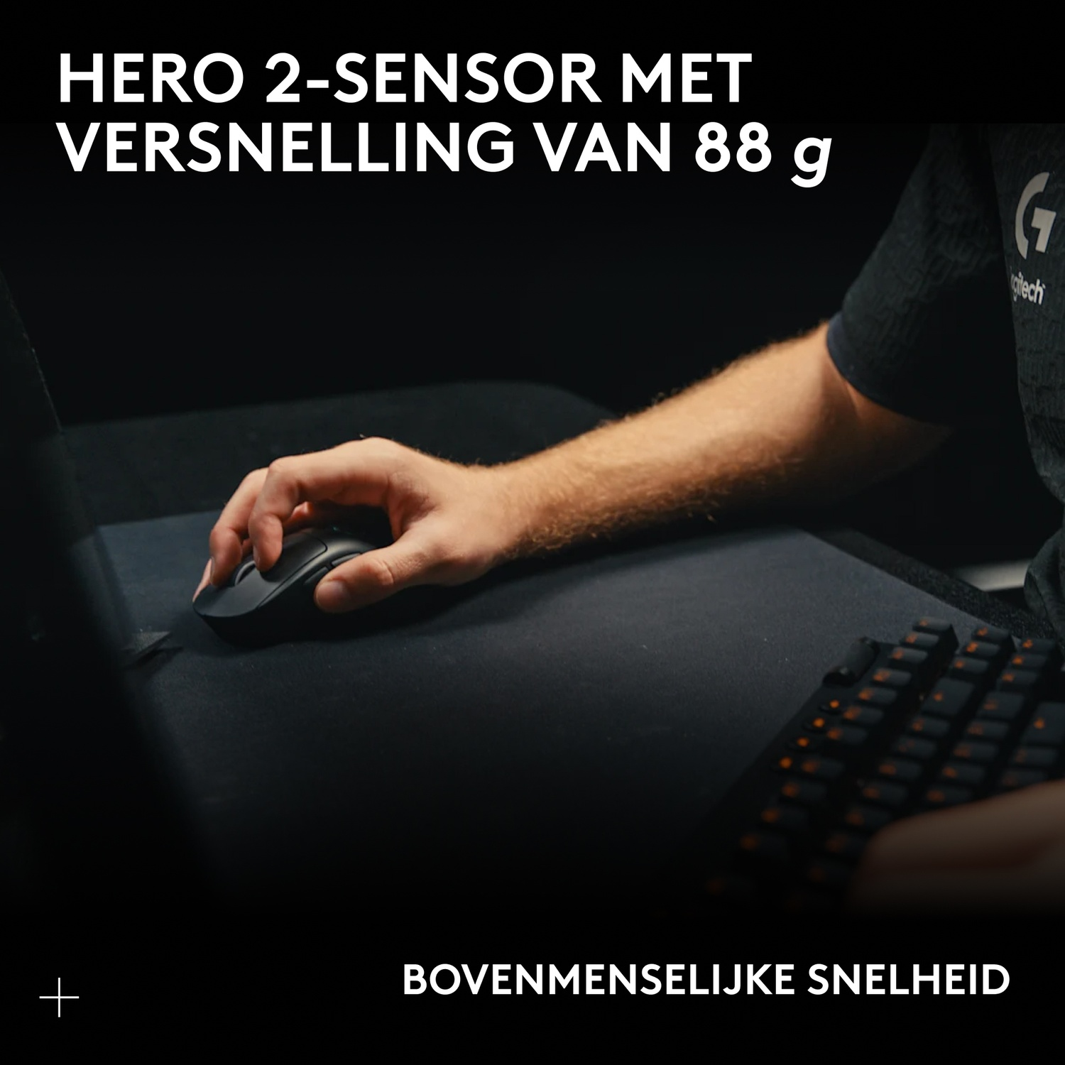 Hand uses black mouse on black mousepad, keyboard in background. Text: HERO 2-SENSOR.
