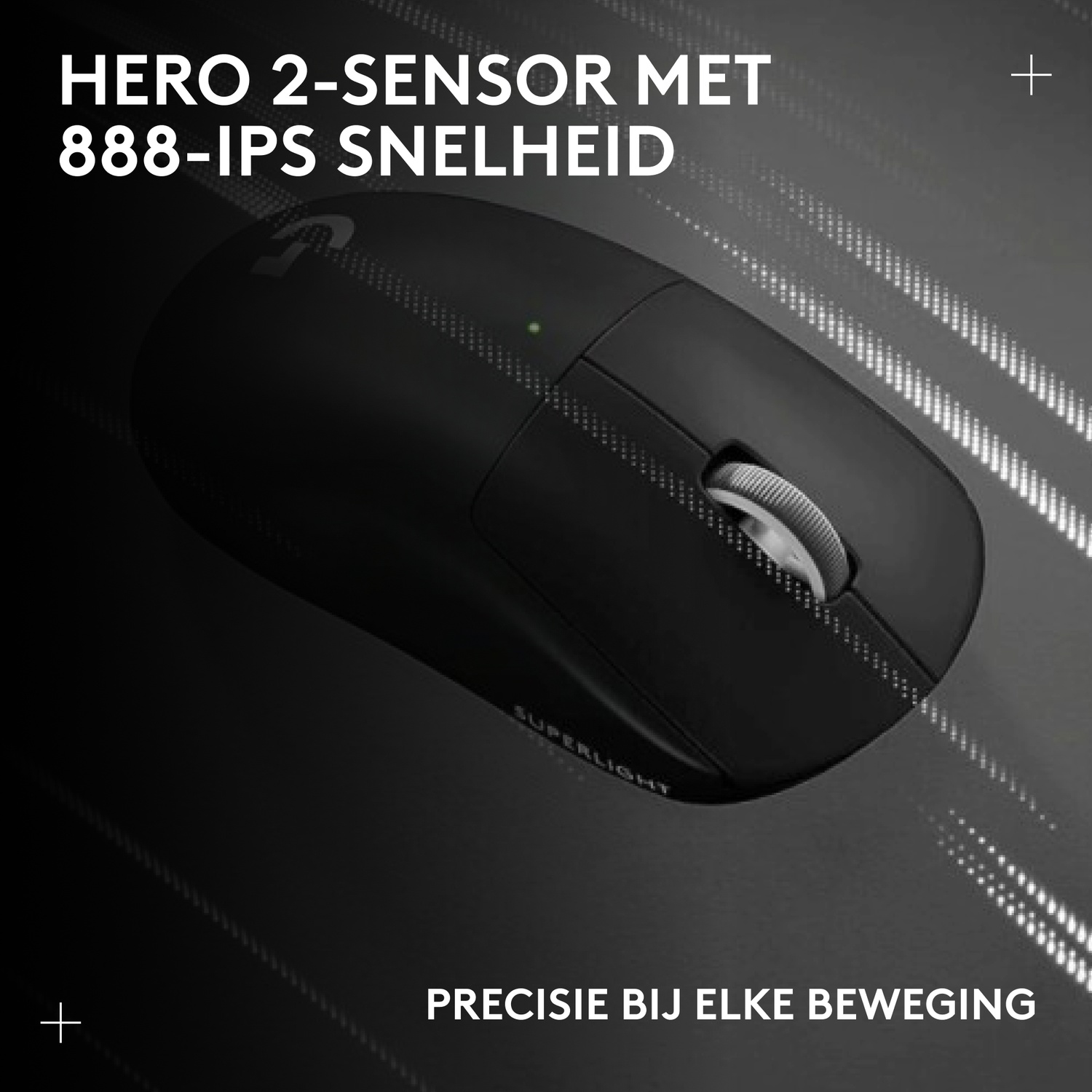 Black wireless mouse with silver scroll wheel and green LED indicator.