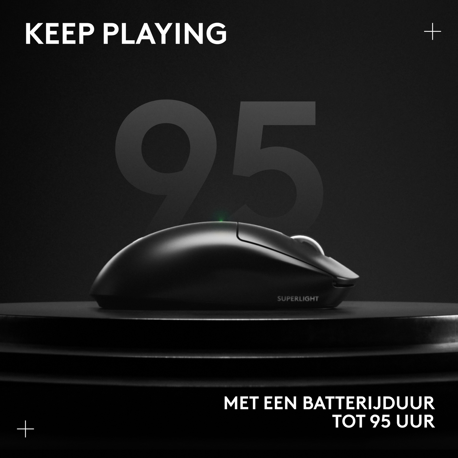 Black gaming mouse on a dark pedestal, with "95" in the background.