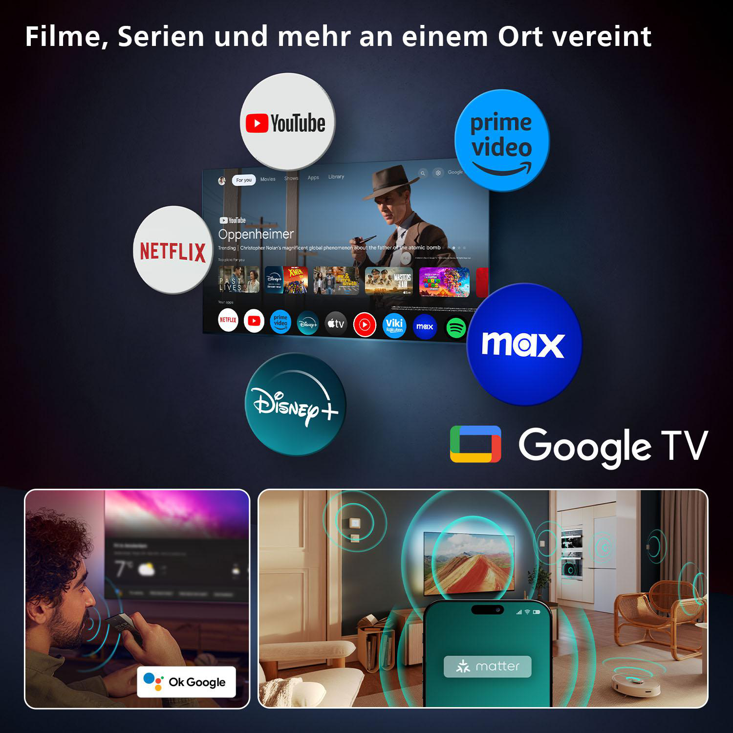 Screens mit Streaming-Apps, Sprachsteuerung und Smart-Home-Integration.
