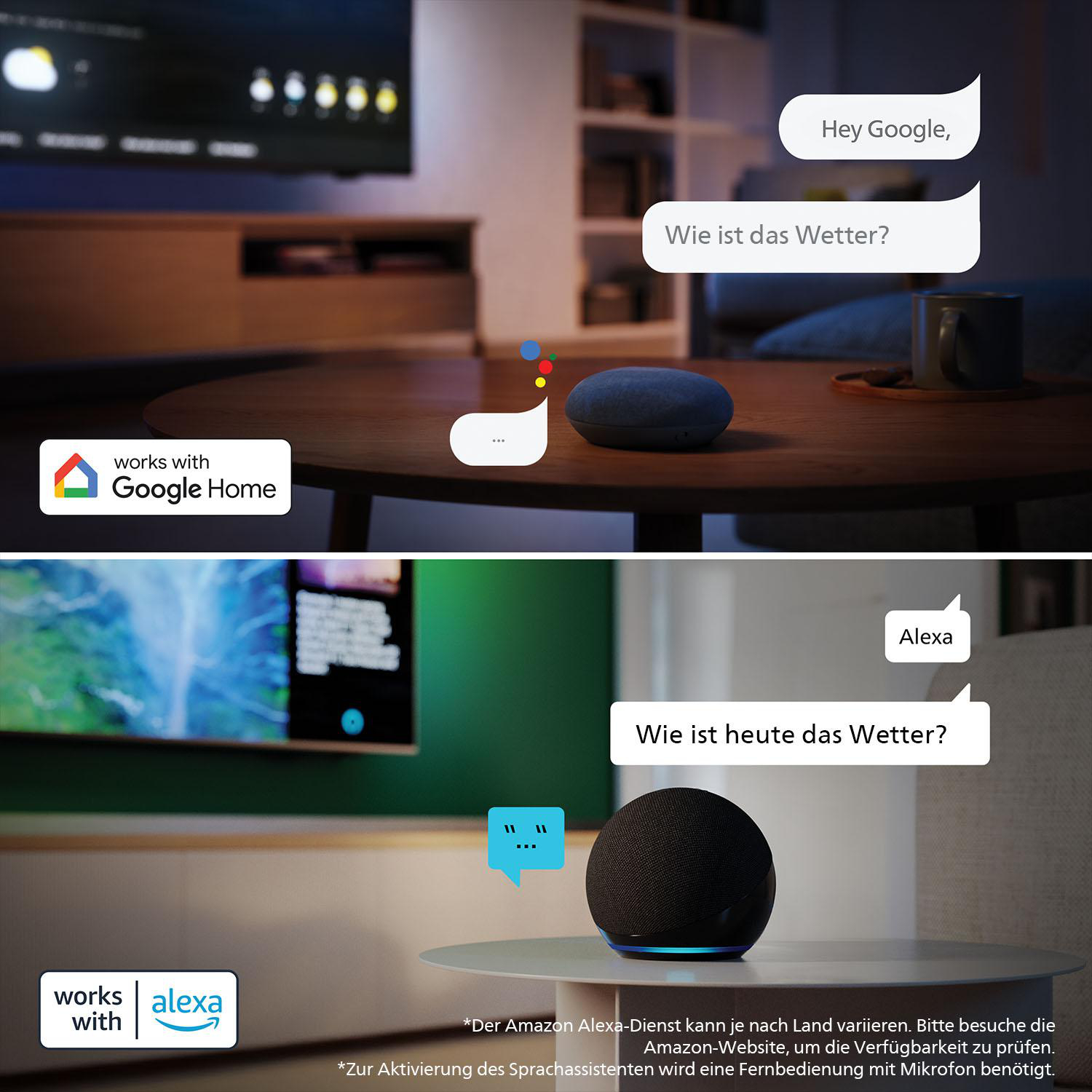 Google Home und Alexa Geräte fragen nach dem Wetter. Ein TV zeigt Infos.