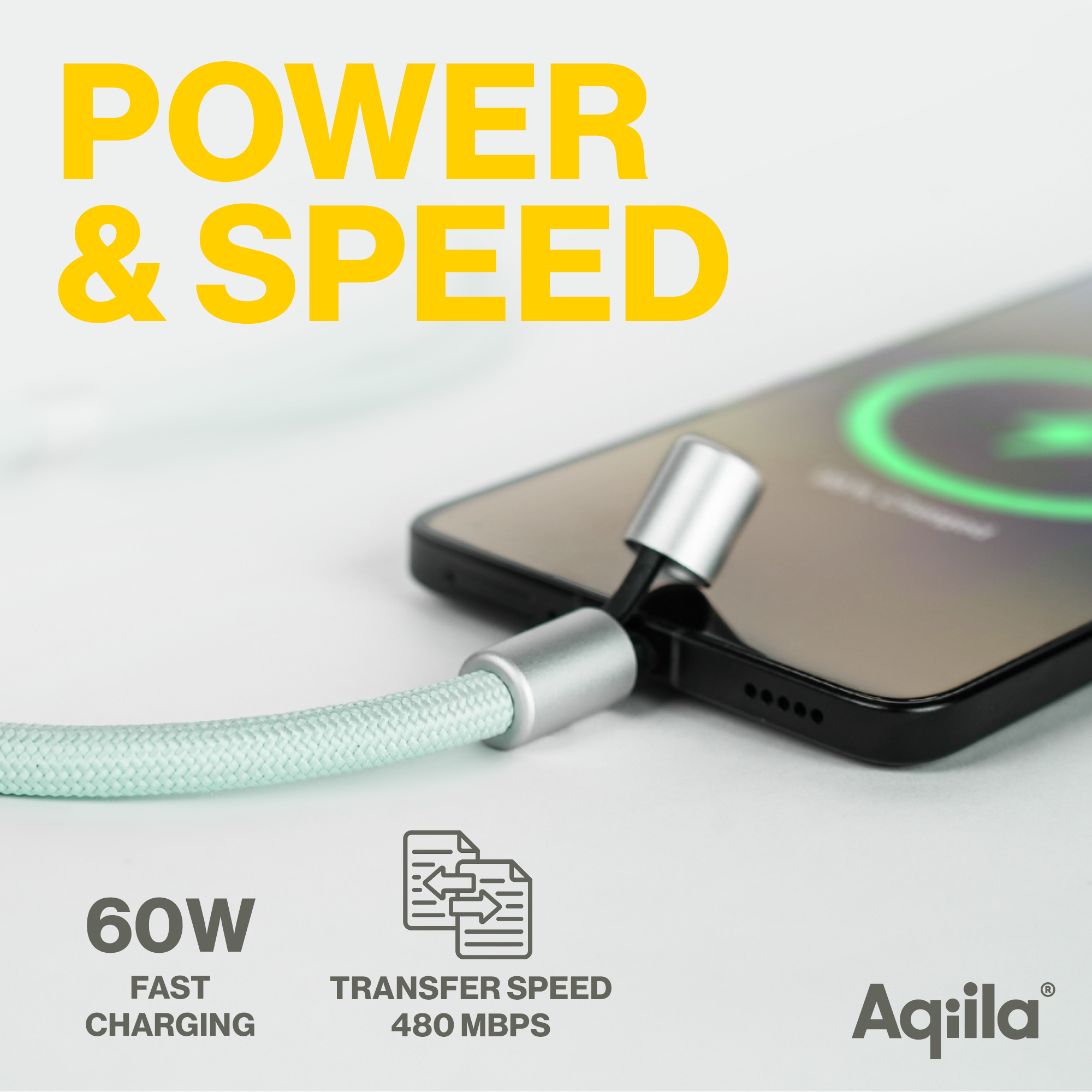 Ein hellgrünes Ladekabel steckt in einem Smartphone, das schnell geladen wird.