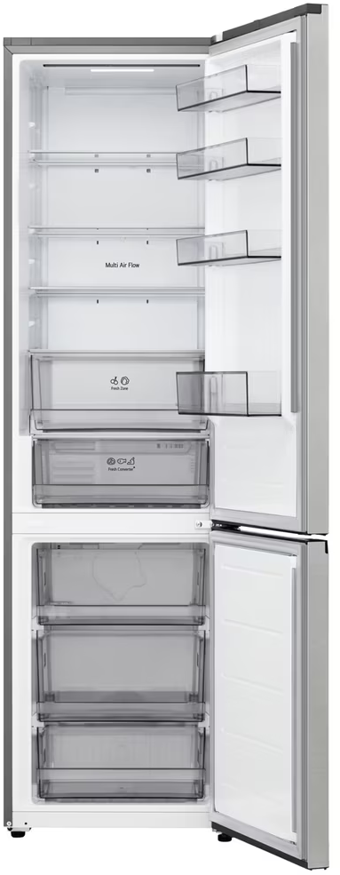 Ein offener Kühlschrank mit mehreren Glasablagen und Schubladen.