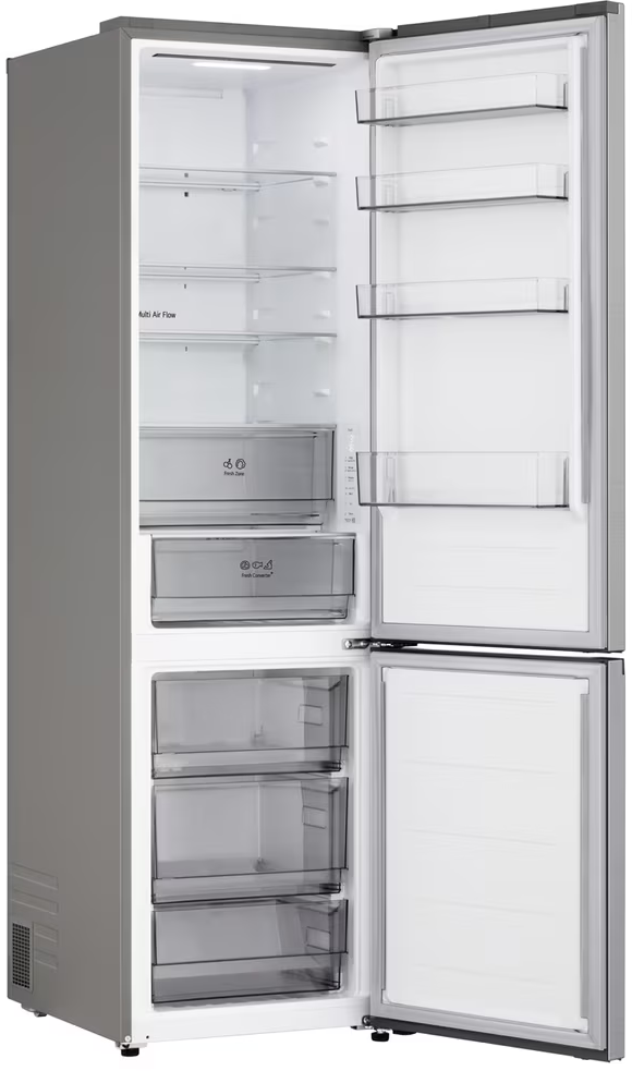 Offener Kühlschrank mit mehreren Regalen, Schubladen und Türfächern.