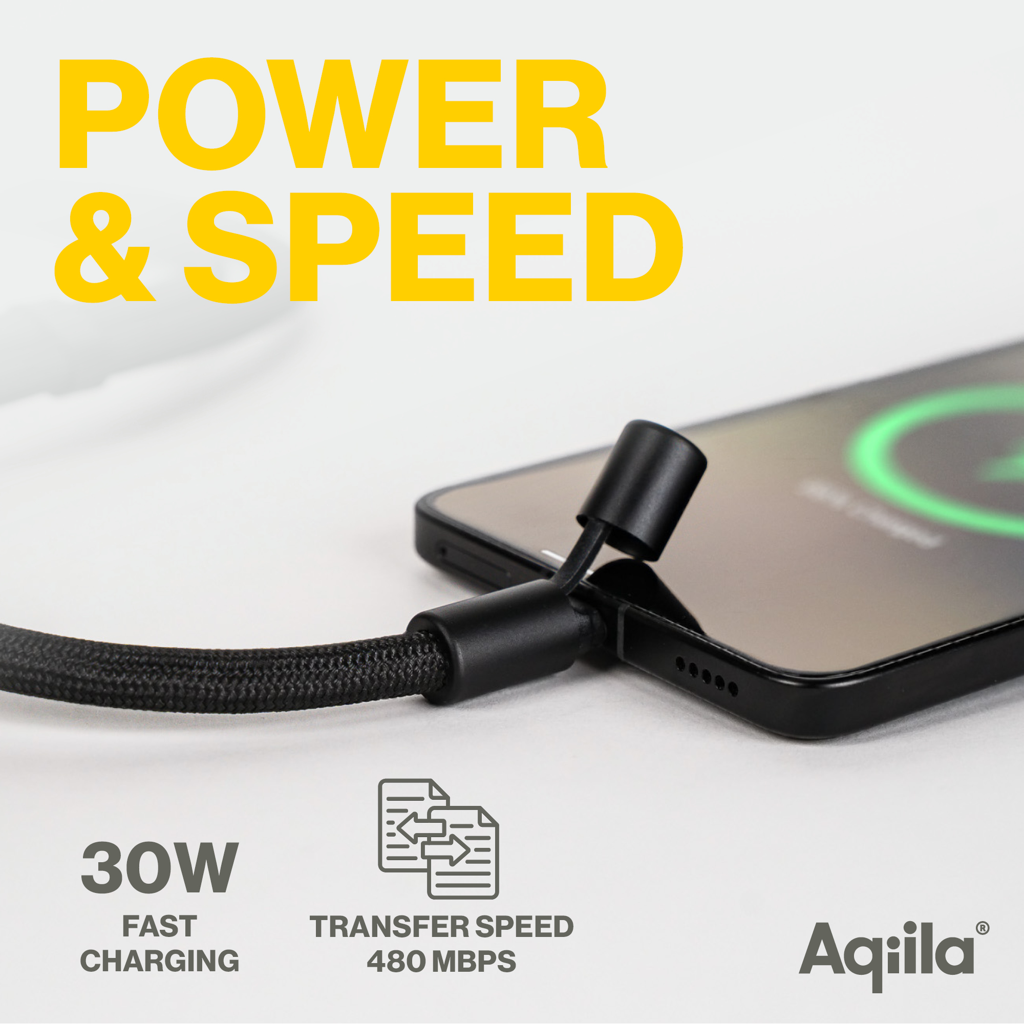 Ein schwarzes USB-C-Kabel lädt ein Smartphone, das „POWER & SPEED“ anzeigt.