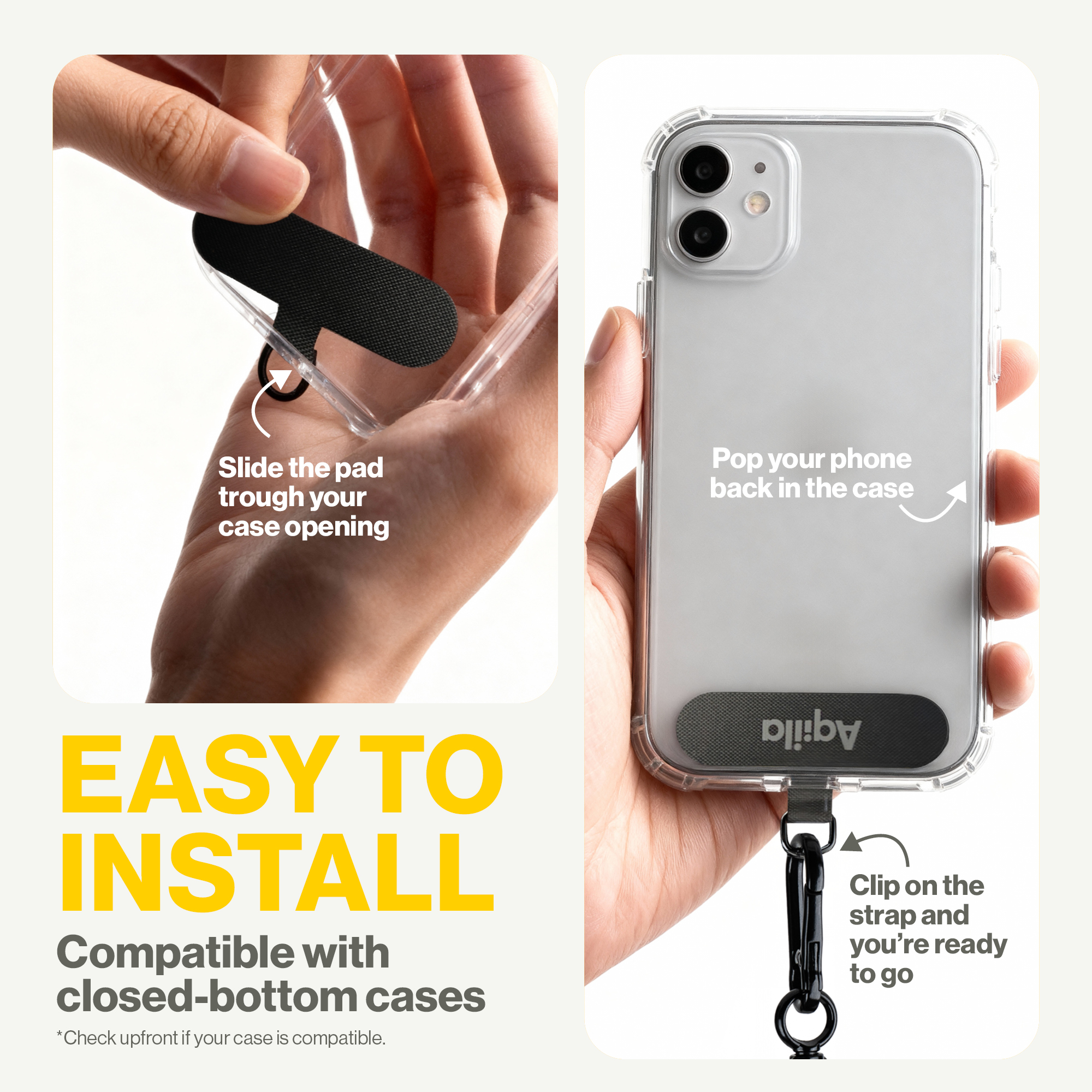 Hände installieren Handy-Träger: Pad einschieben, Handy einlegen, Träger befestigen.
