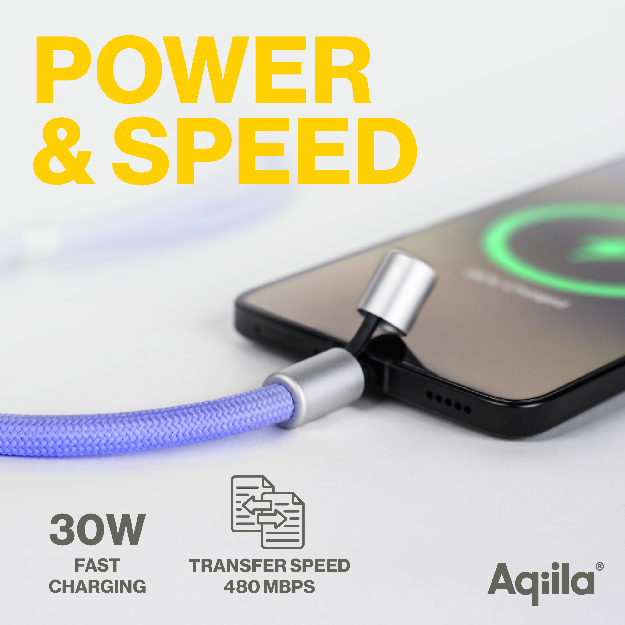 Ein lila Ladekabel ist mit einem Smartphone verbunden, das 30W Schnellladung unterstützt.