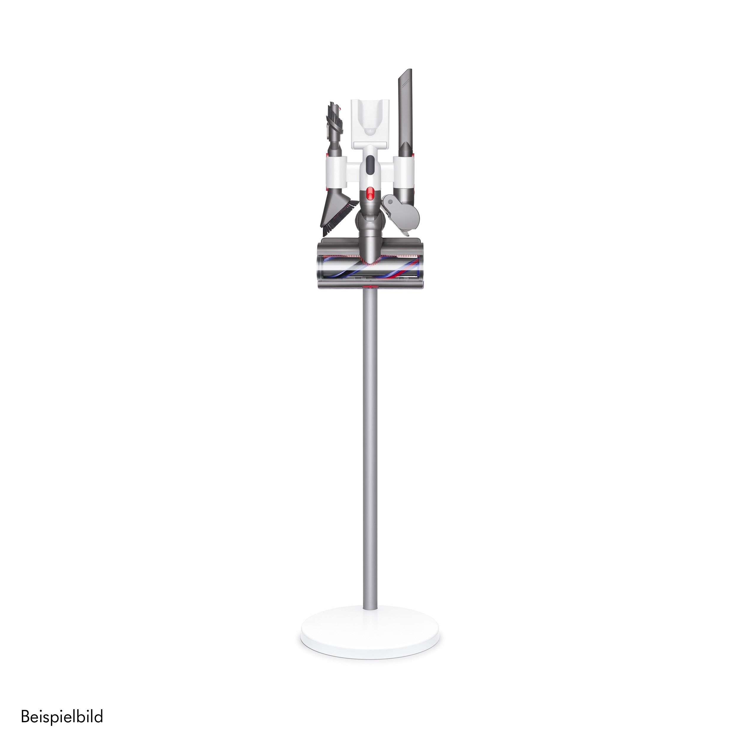 Ein weißer Ständer mit einem Dyson-Staubsauger und Zubehör.