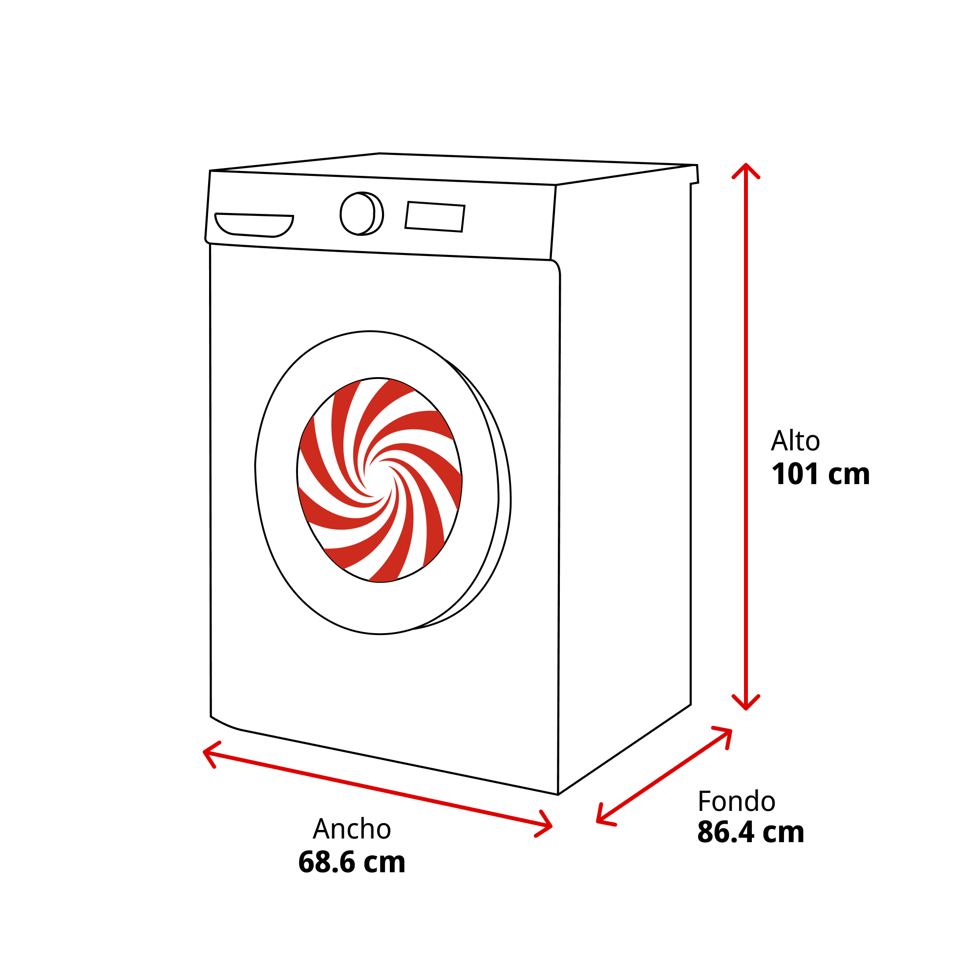 Lavadora con dimensiones: Alto 101 cm, Ancho 68,6 cm, Fondo 86,4 cm.